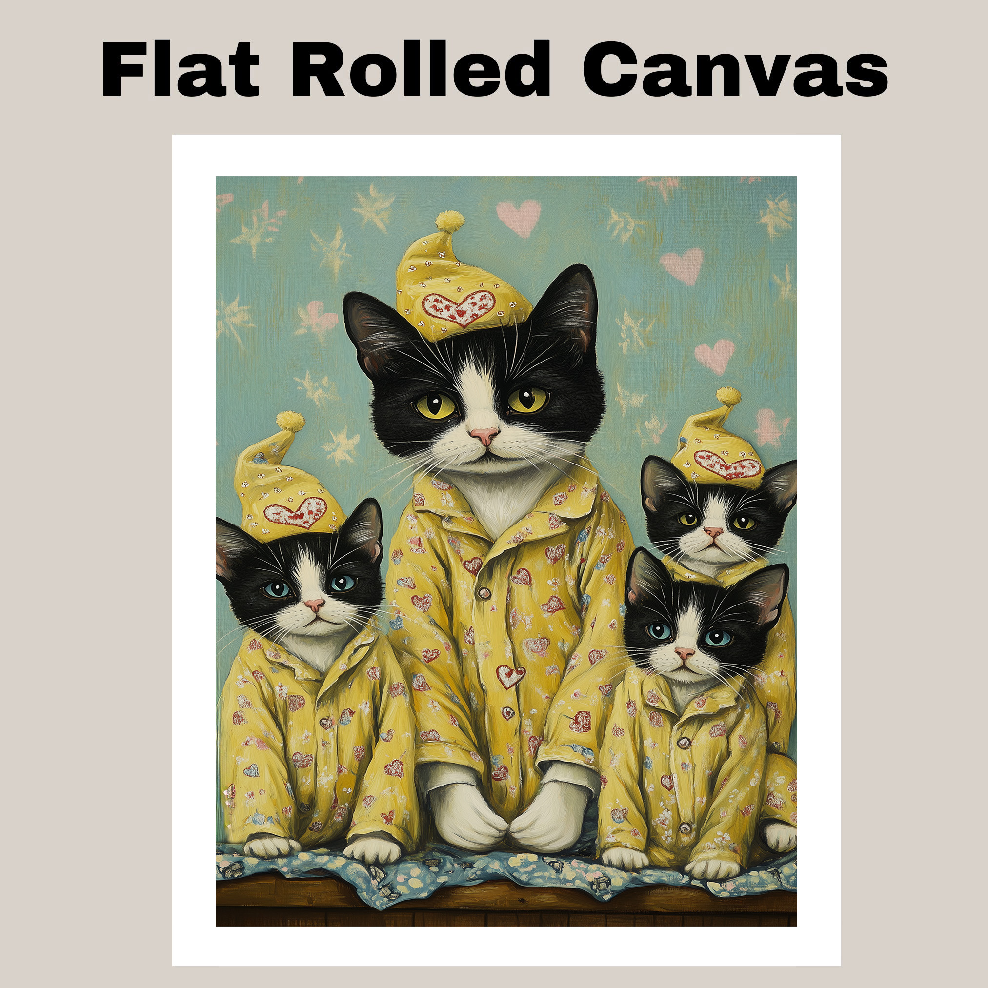 Texudo Cat and Kittens Yellow Pajamas Art Flat Rolled, Framed or Wrapped Canvas