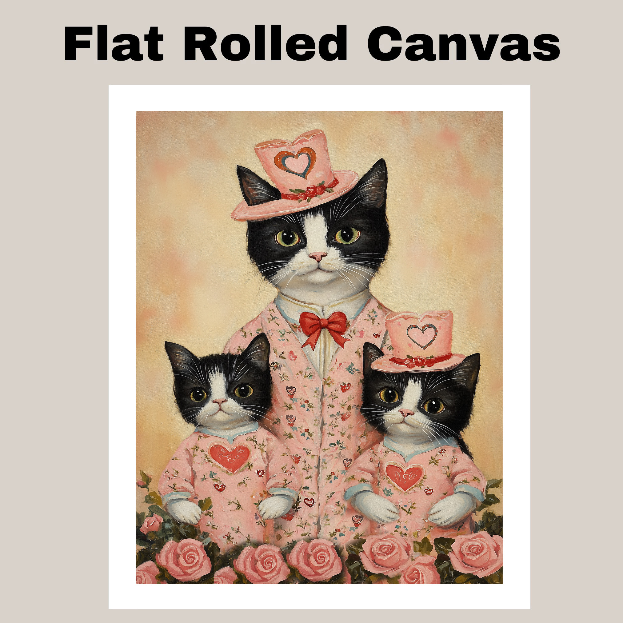 Texudo Cat and Kittens Pink Floral Art Flat Rolled, Framed or Wrapped Canvas