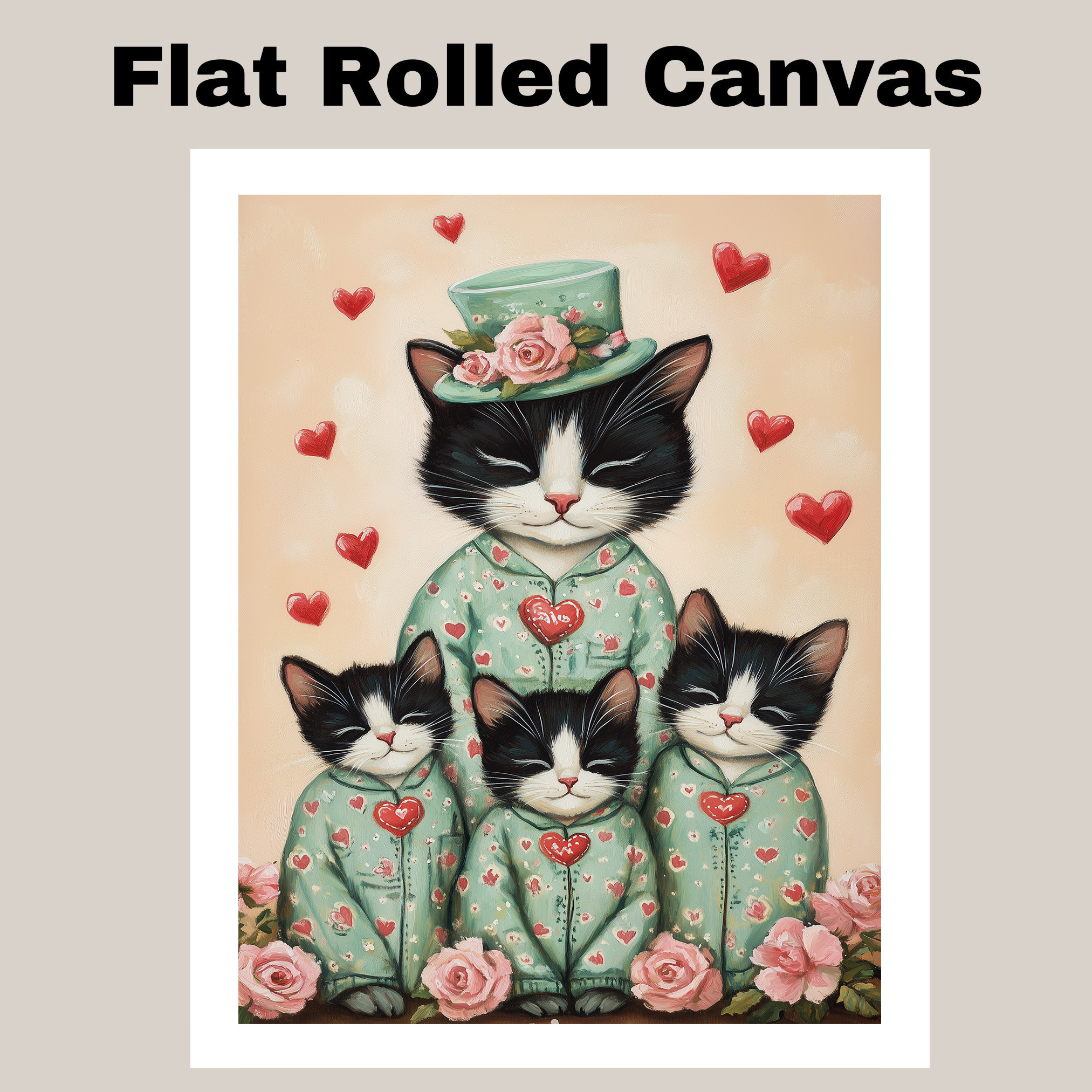 Texudo Cat with Kittens Heart Pajamas Flat Rolled, Framed or Wrapped Canvas