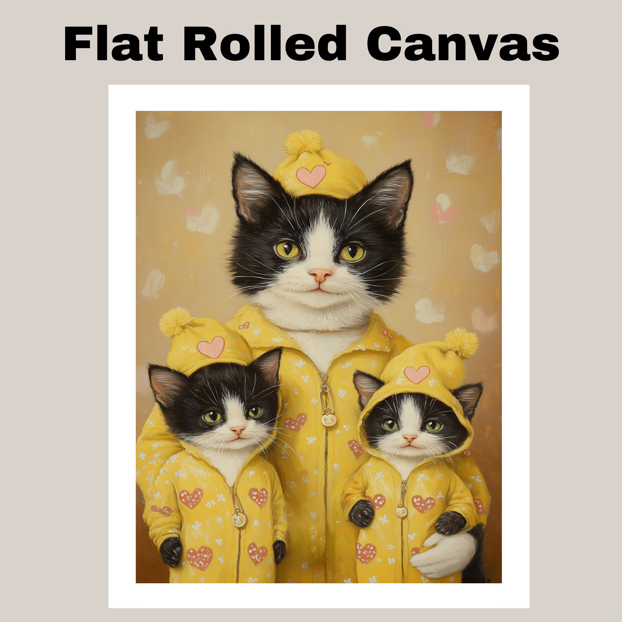 Tuxedo Cat Family in Heart Suits Art Flat Rolled, Framed or Wrapped Canvas