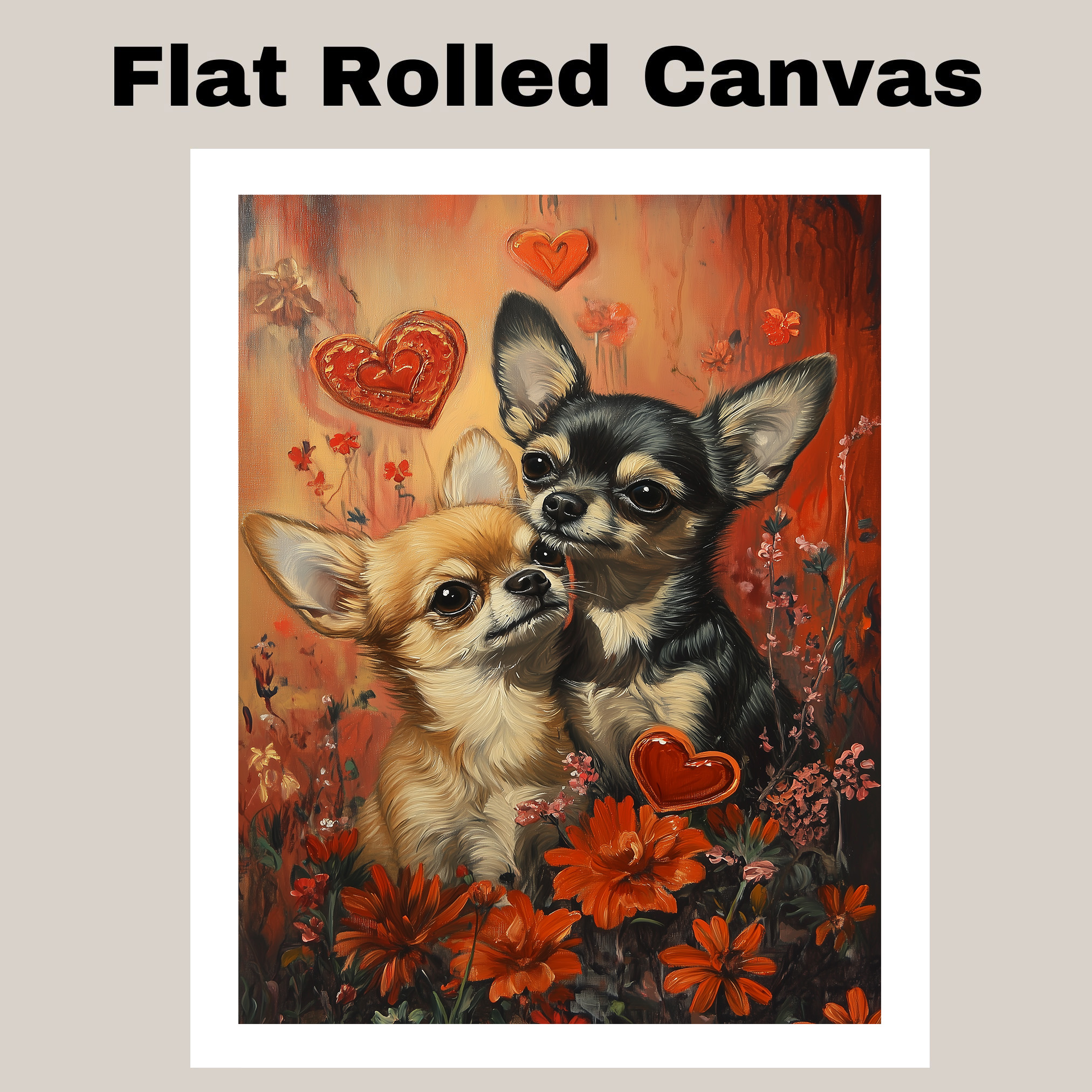 Chihuahua Couple Dog with Flowers Wall Art Flat Rolled, Framed or Wrapped Canvas