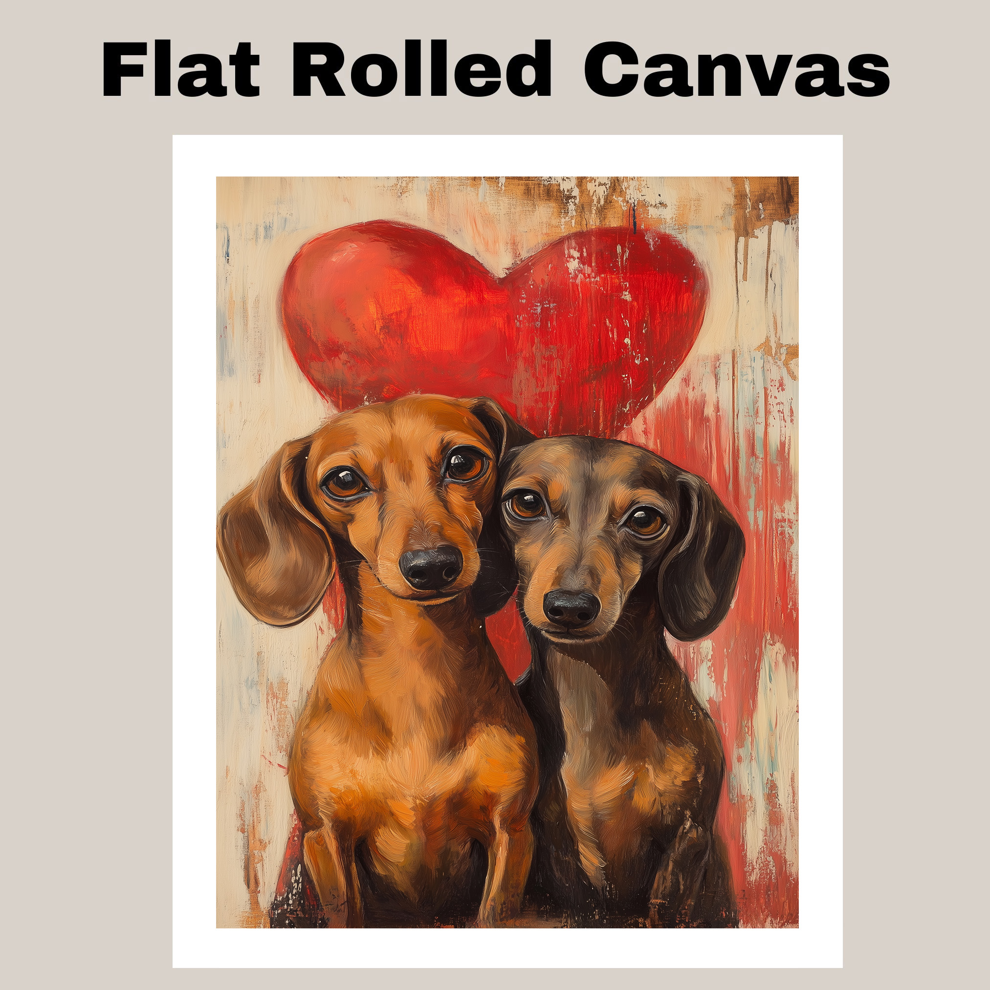 Dachshund Couple Dog with Red Heart Art Flat Rolled, Framed or Wrapped Canvas