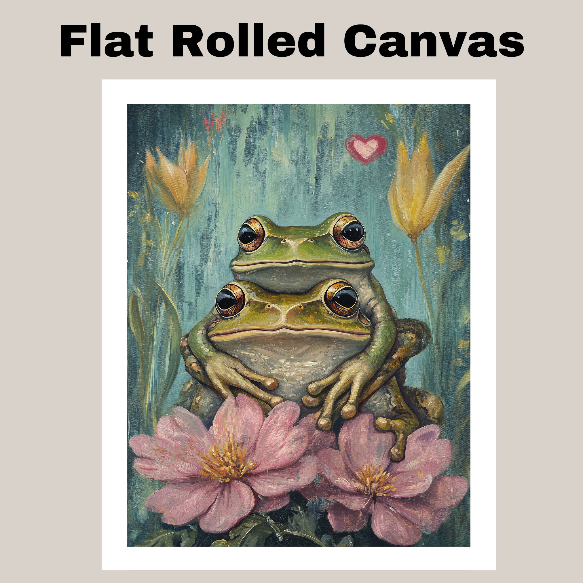 Whimsical Frog Couple with Flowers Art Flat Rolled, Framed or Wrapped Canvas