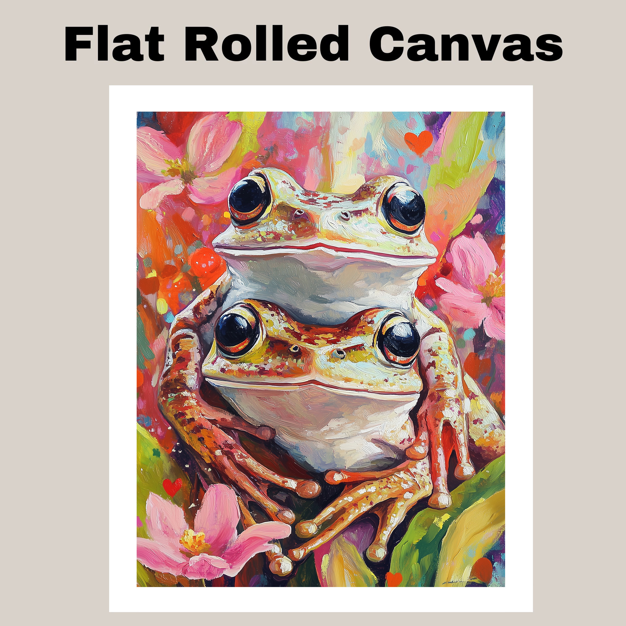 Colorful Frog Couple with Flowers Art Flat Rolled, Framed or Wrapped Canvas