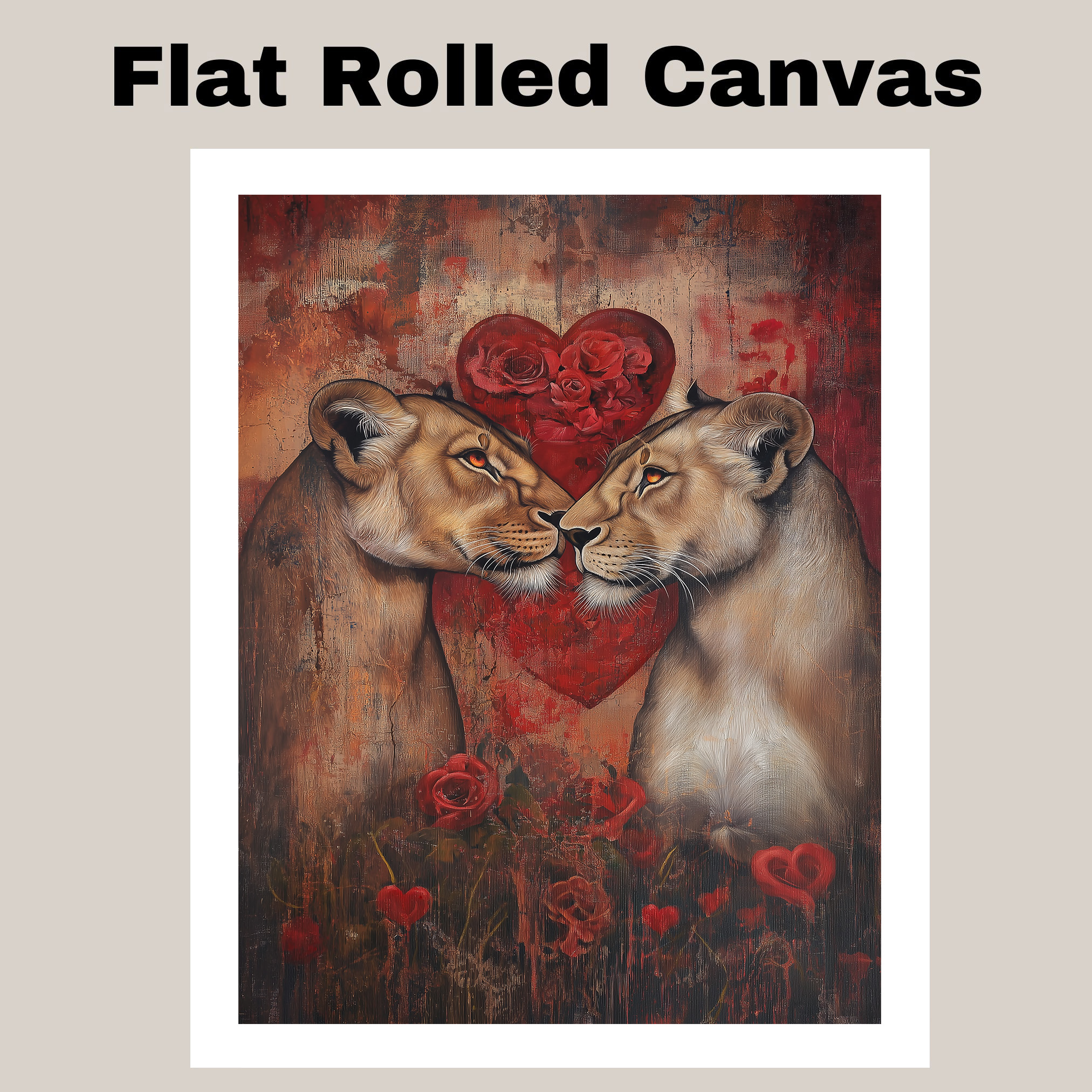 Romantic Lion Couple with Heart Art Flat Rolled, Framed or Wrapped Canvas