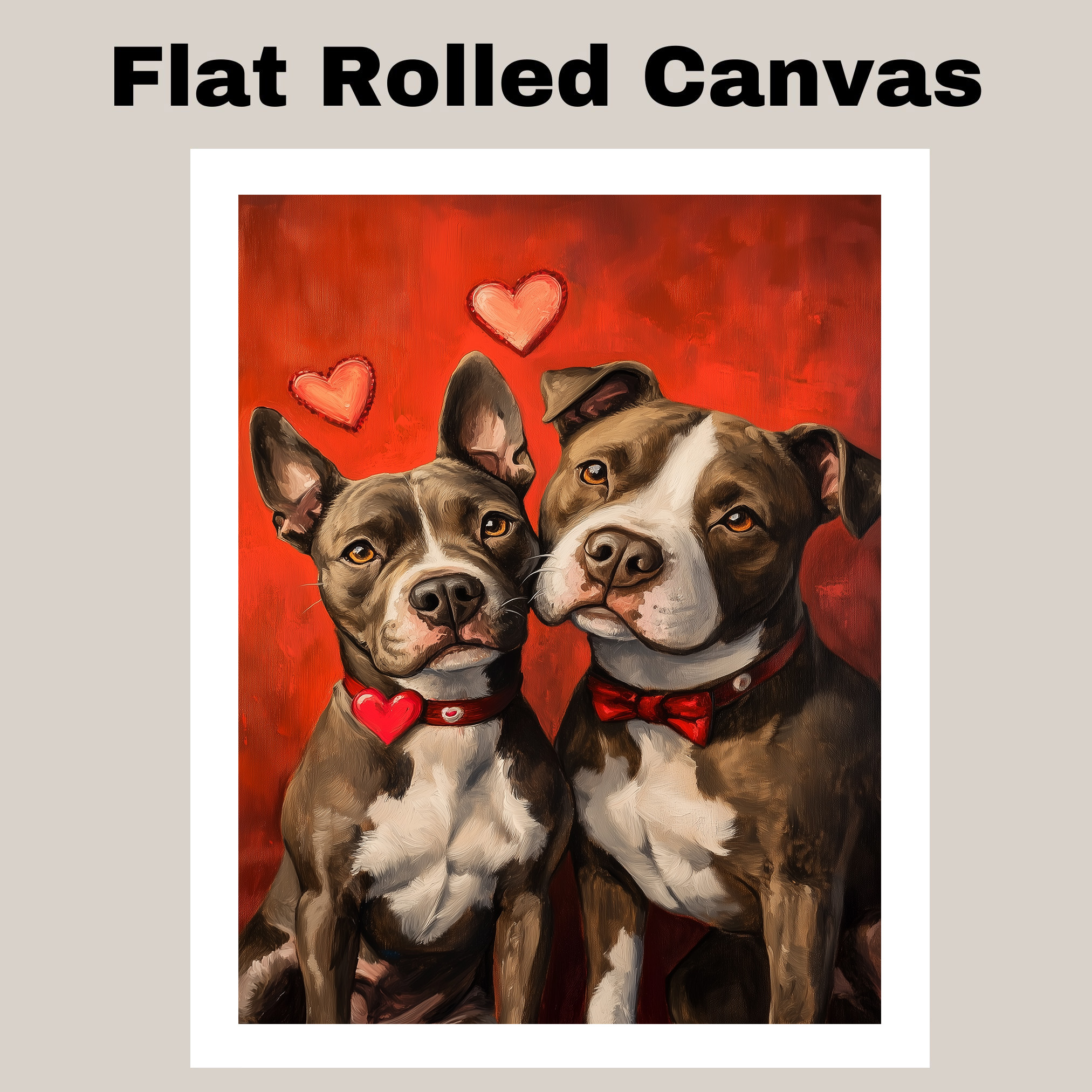 Pitbull Dog Couple with Hearts Art Flat Rolled, Framed or Wrapped Canvas
