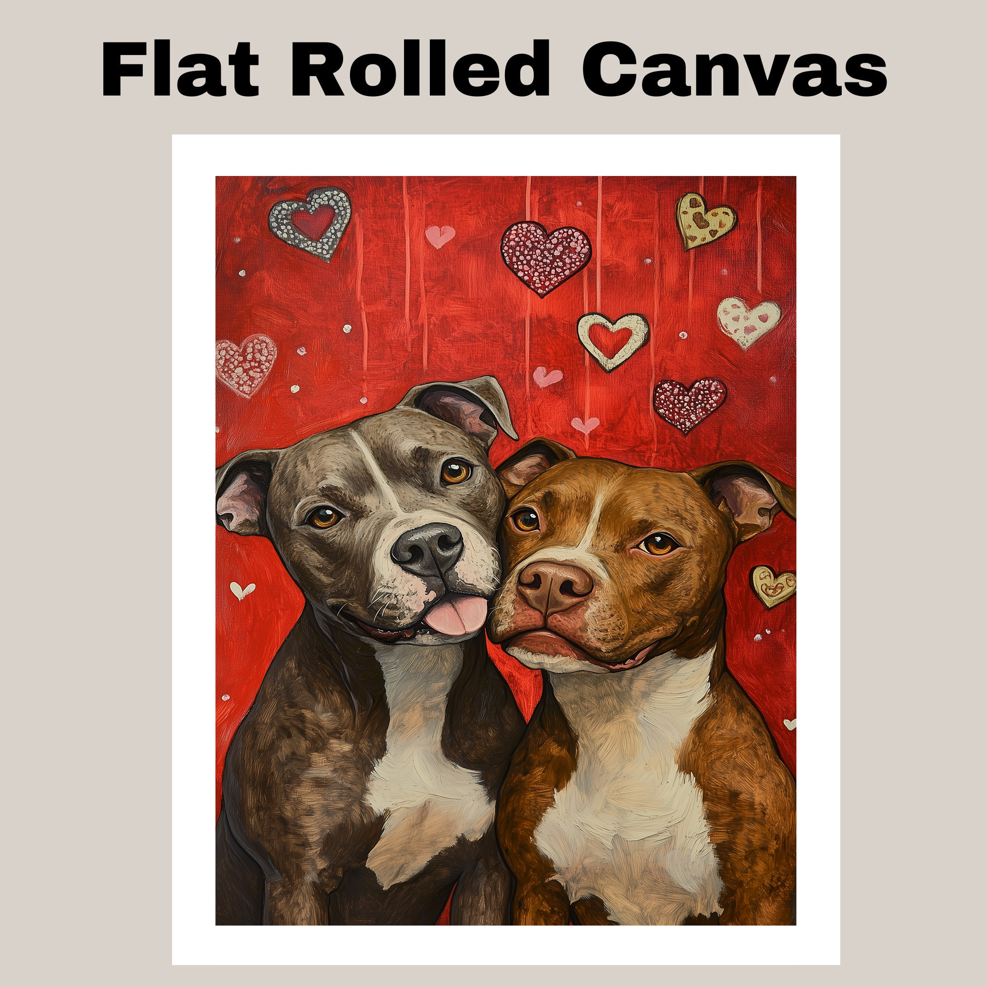 Pitbull Dog Couple with Hanging Hearts Art Flat Rolled, Framed or Wrapped Canvas