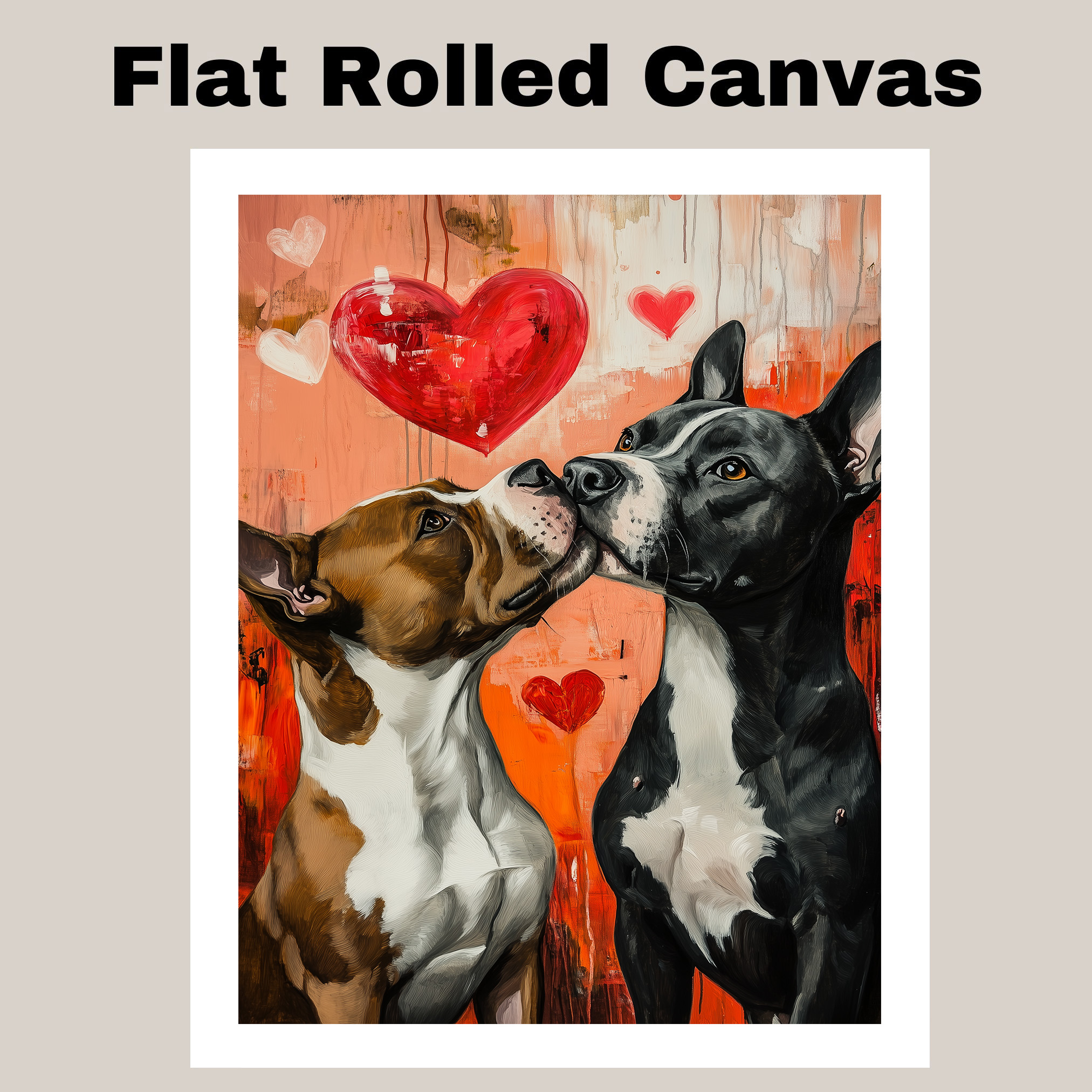 Pitbull Couple Dog with Hearts Art Flat Rolled, Framed or Wrapped Canvas