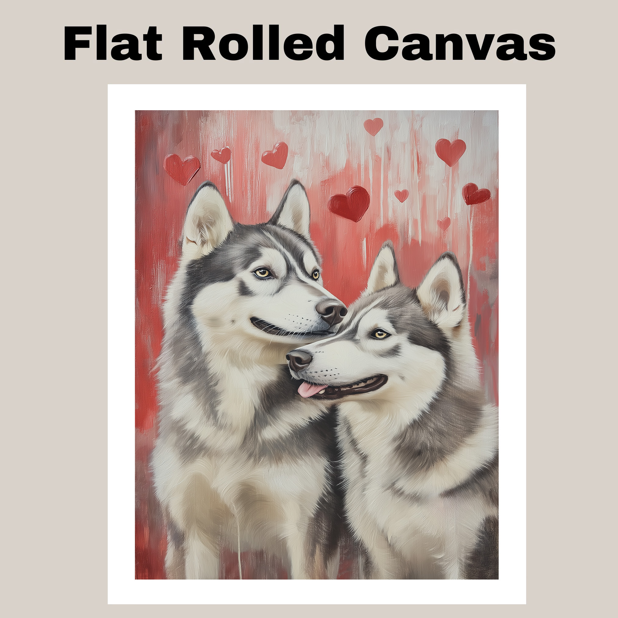Siberian Husky Couple Dog with Hearts Art Flat Rolled, Framed or Wrapped Canvas