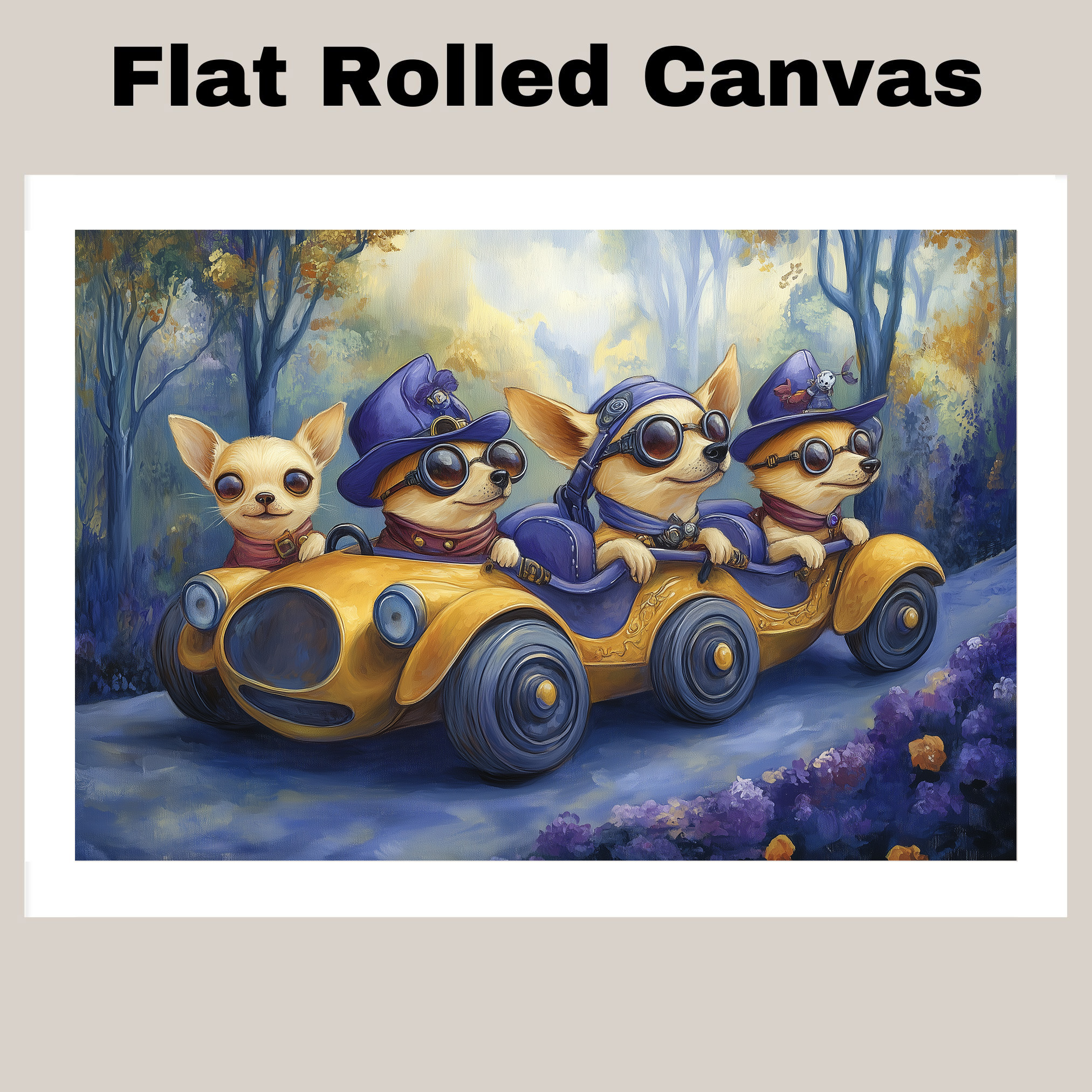 Whimsical Wizard Cats Racing Art Flat Rolled, Framed or Wrapped Canvas