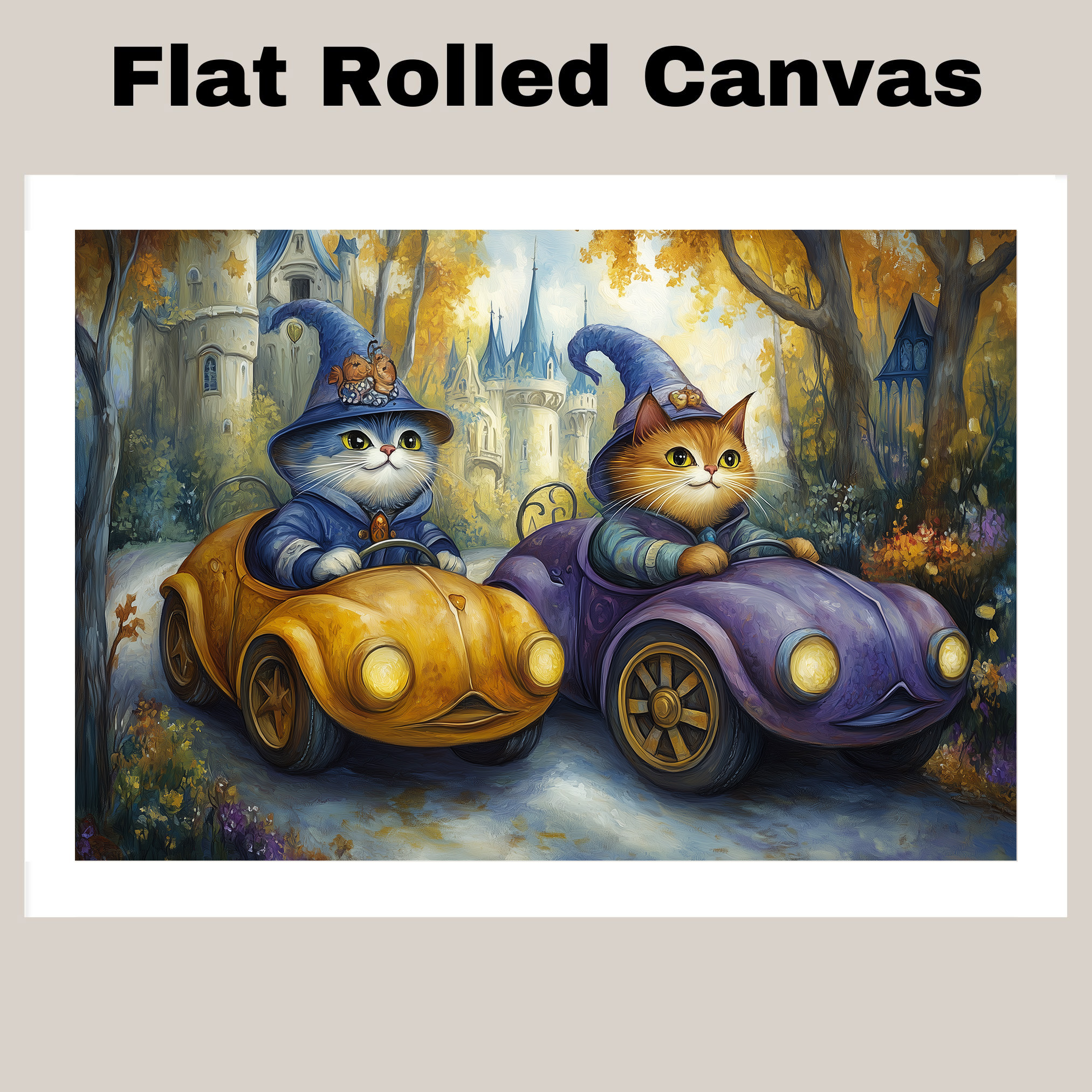 Whimsical Rabbits In Vintage Car Art Flat Rolled, Framed or Wrapped Canvas