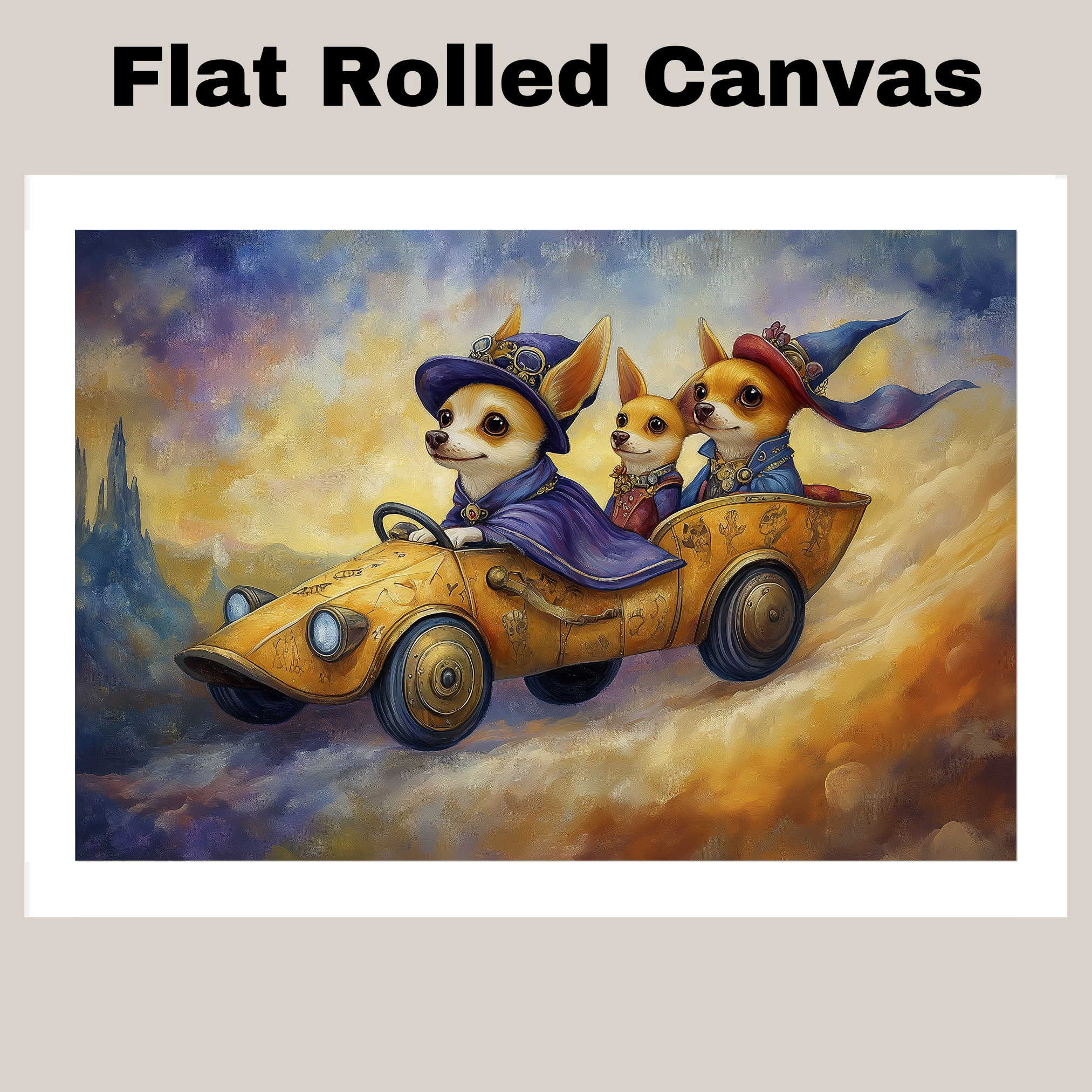 Whimsical Chihuahua Dogs Flying Car Art Flat Rolled, Framed or Wrapped Canvas