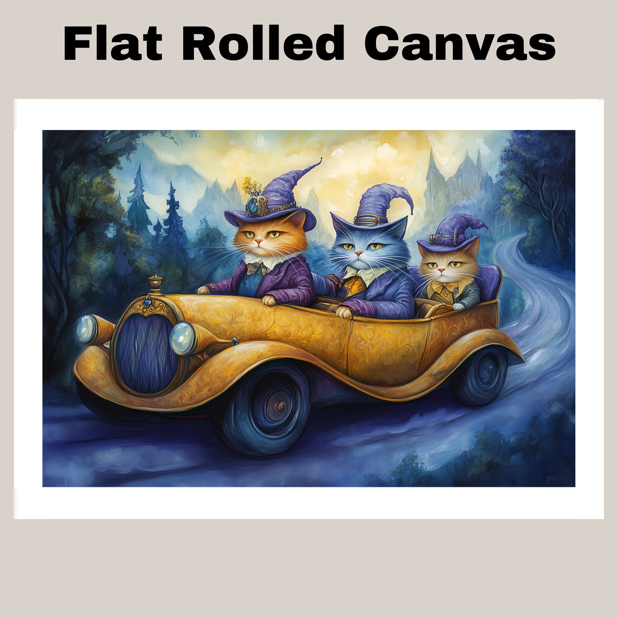 Whimsical Wizard Cats Driving Car Art Flat Rolled, Framed or Wrapped Canvas