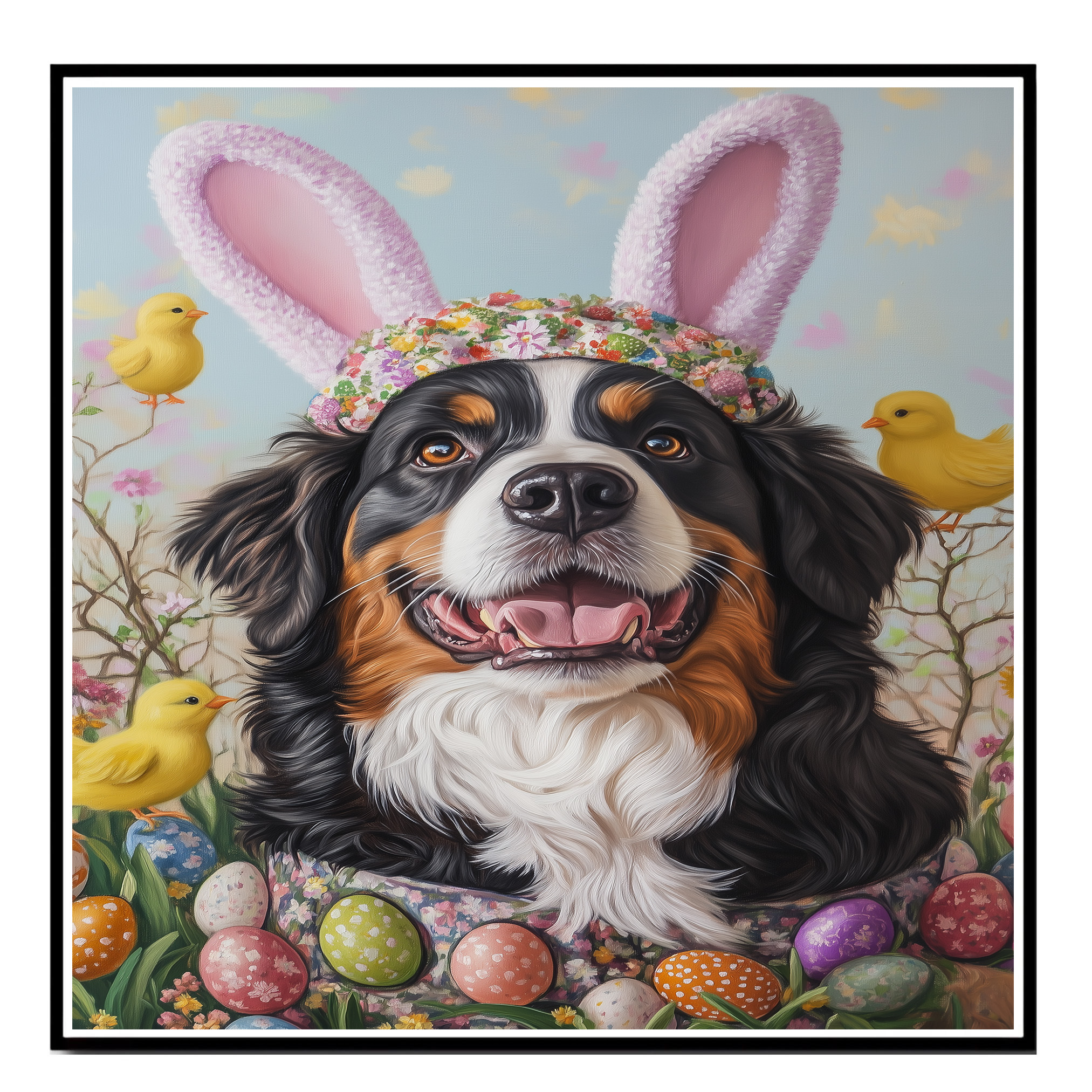 Springtime Whimsy: Bernese Mountain Dog on Flat Rolled, Framed or Wrapped Canvas