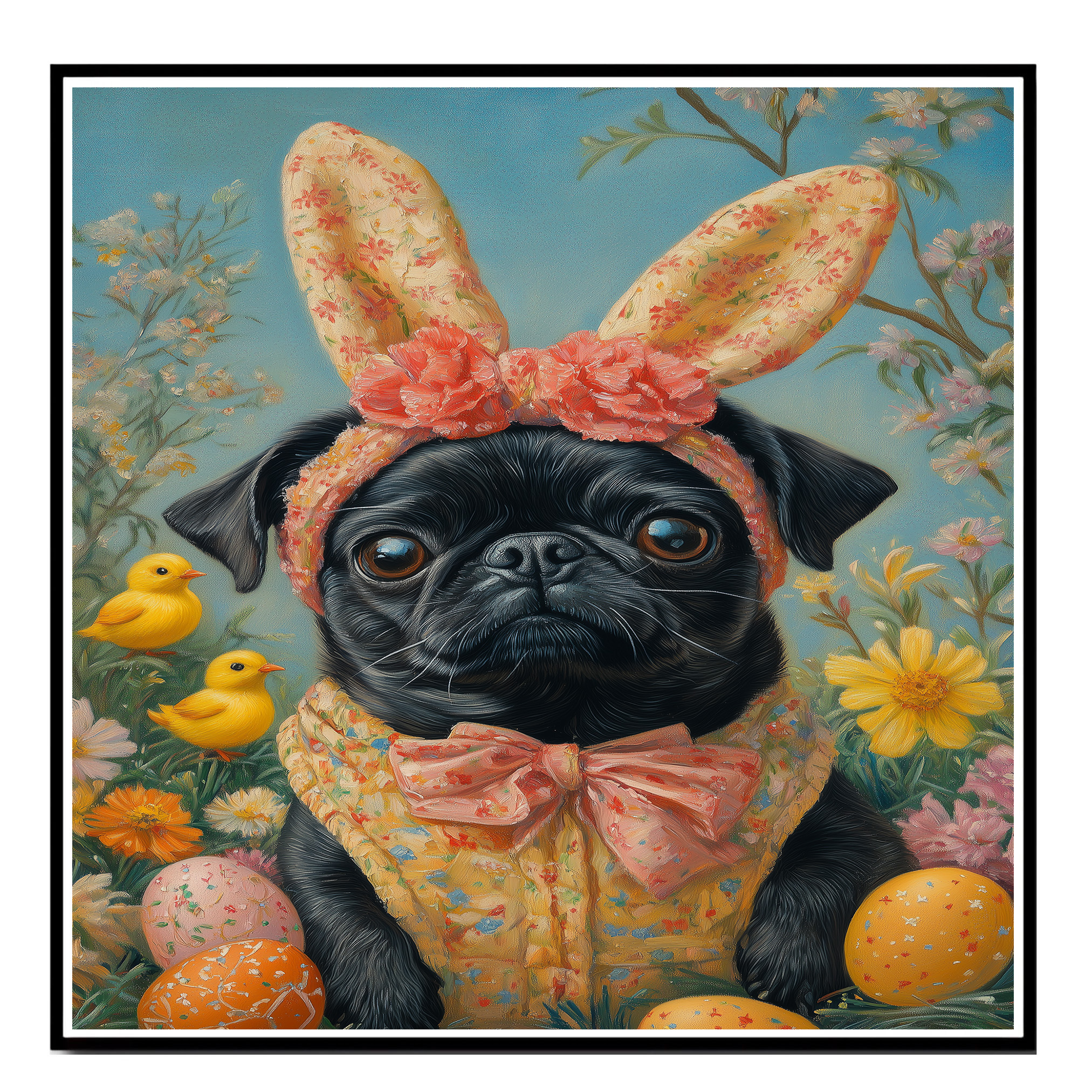 Black Pug Dressed in Easter Costume Flat Rolled, Framed or Wrapped Canvas