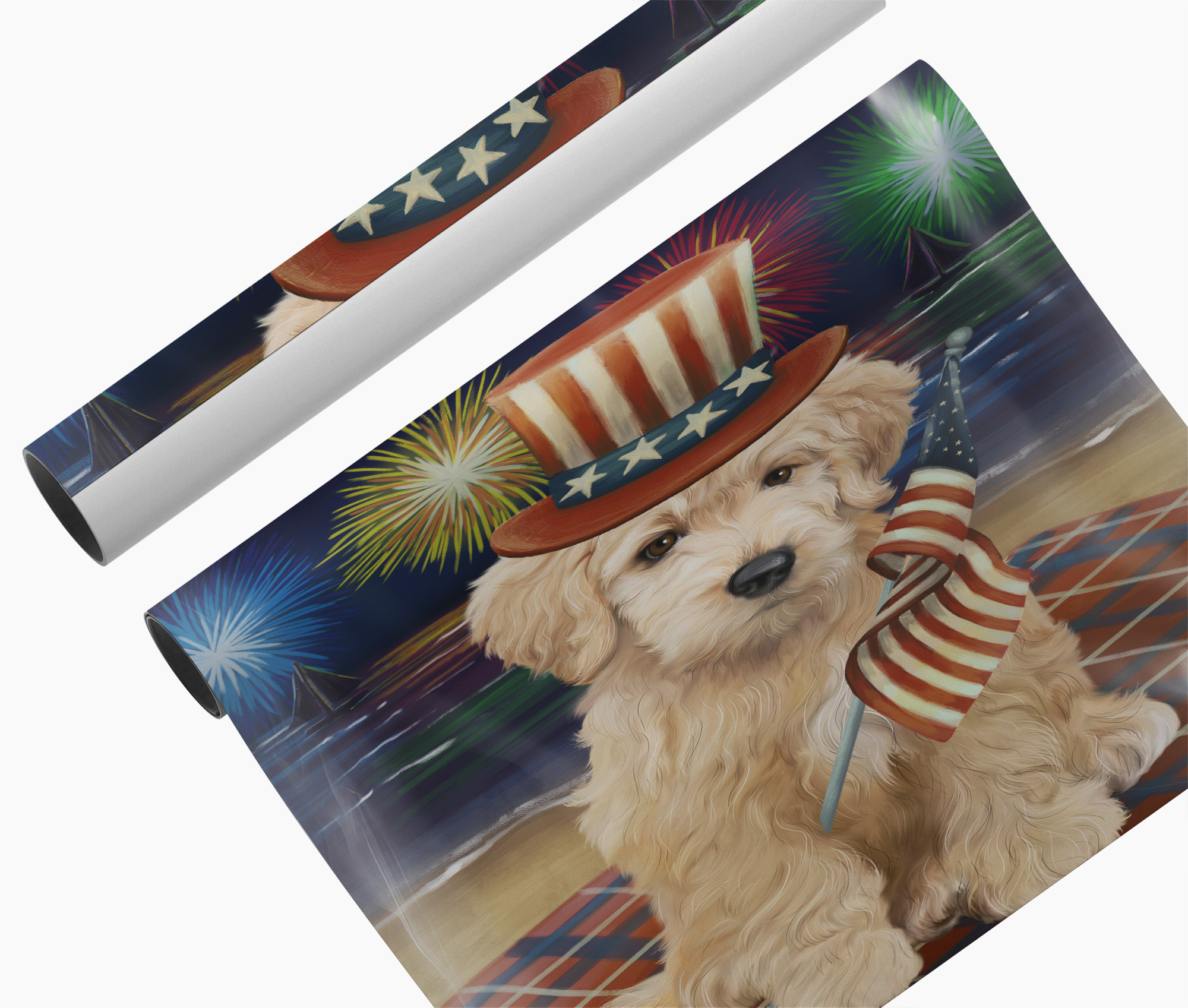 Goldendoodle Patriotic Canvas Wall Art USA Flag Dog 4th of July Fireworks Poster