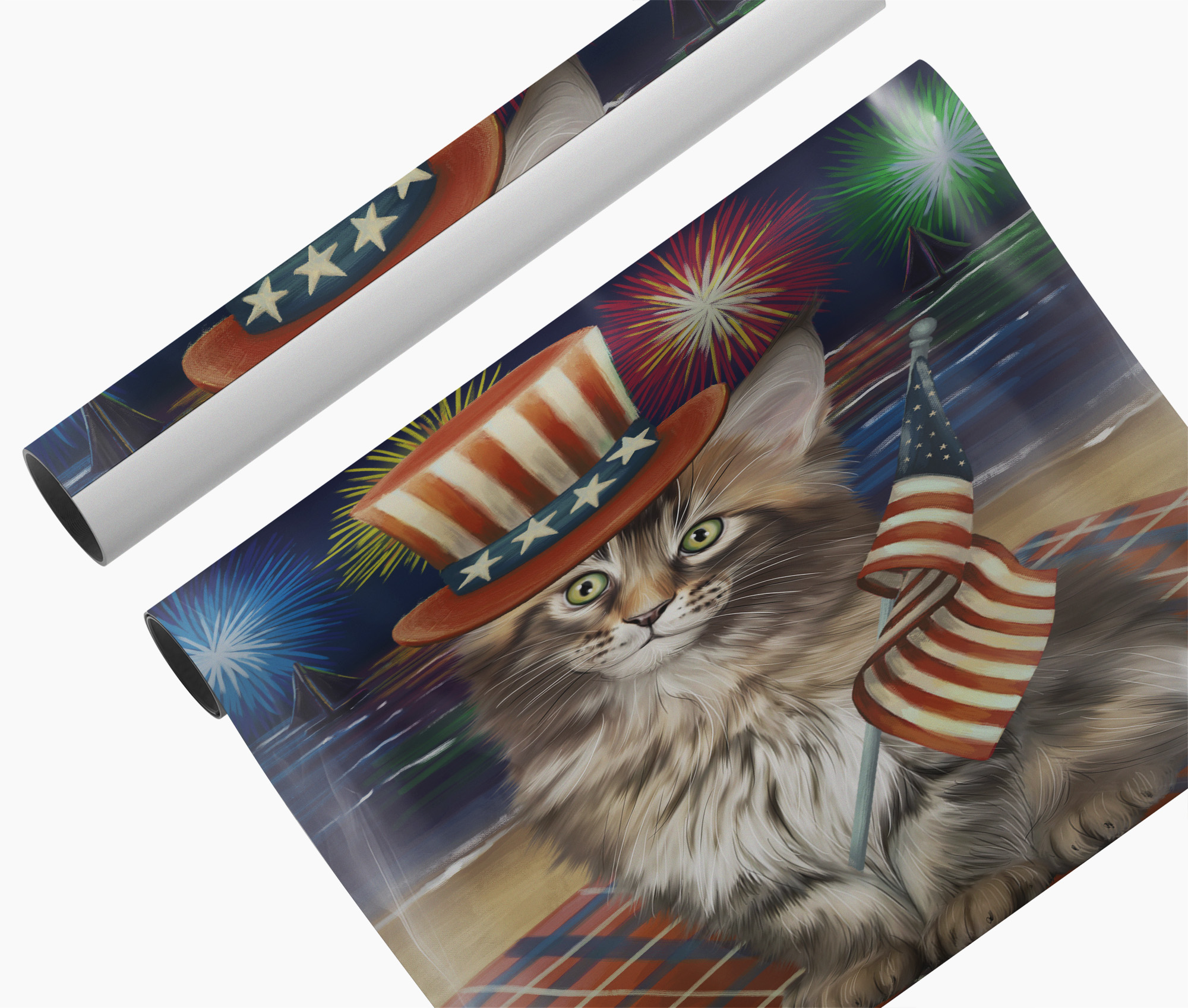Maine Coon Patriotic Canvas Wall Art USA Flag Cat 4th of July Fireworks Poster