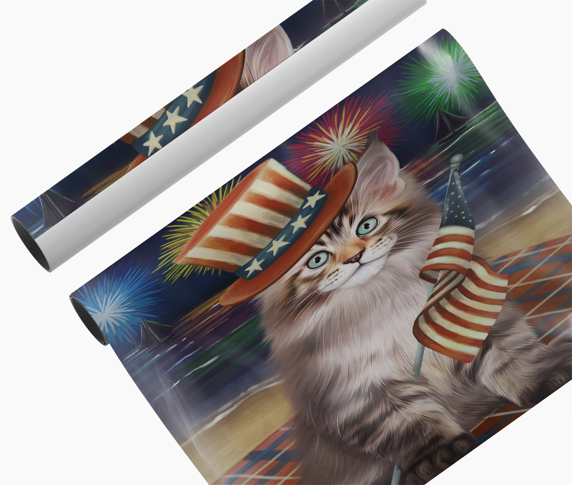 4th of July Fireworks Maine Coon Kitten Canvas Print Patriotic USA Wall Art