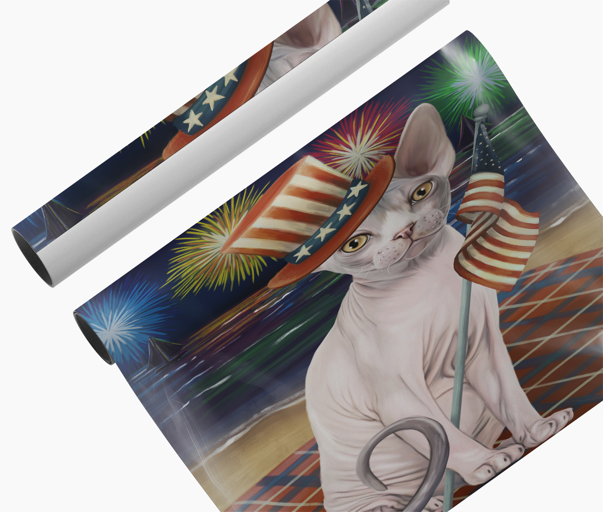 Sphynx Cat Canvas Wall Art Gift for Cat Lovers 4th of July USA Fireworks Decor