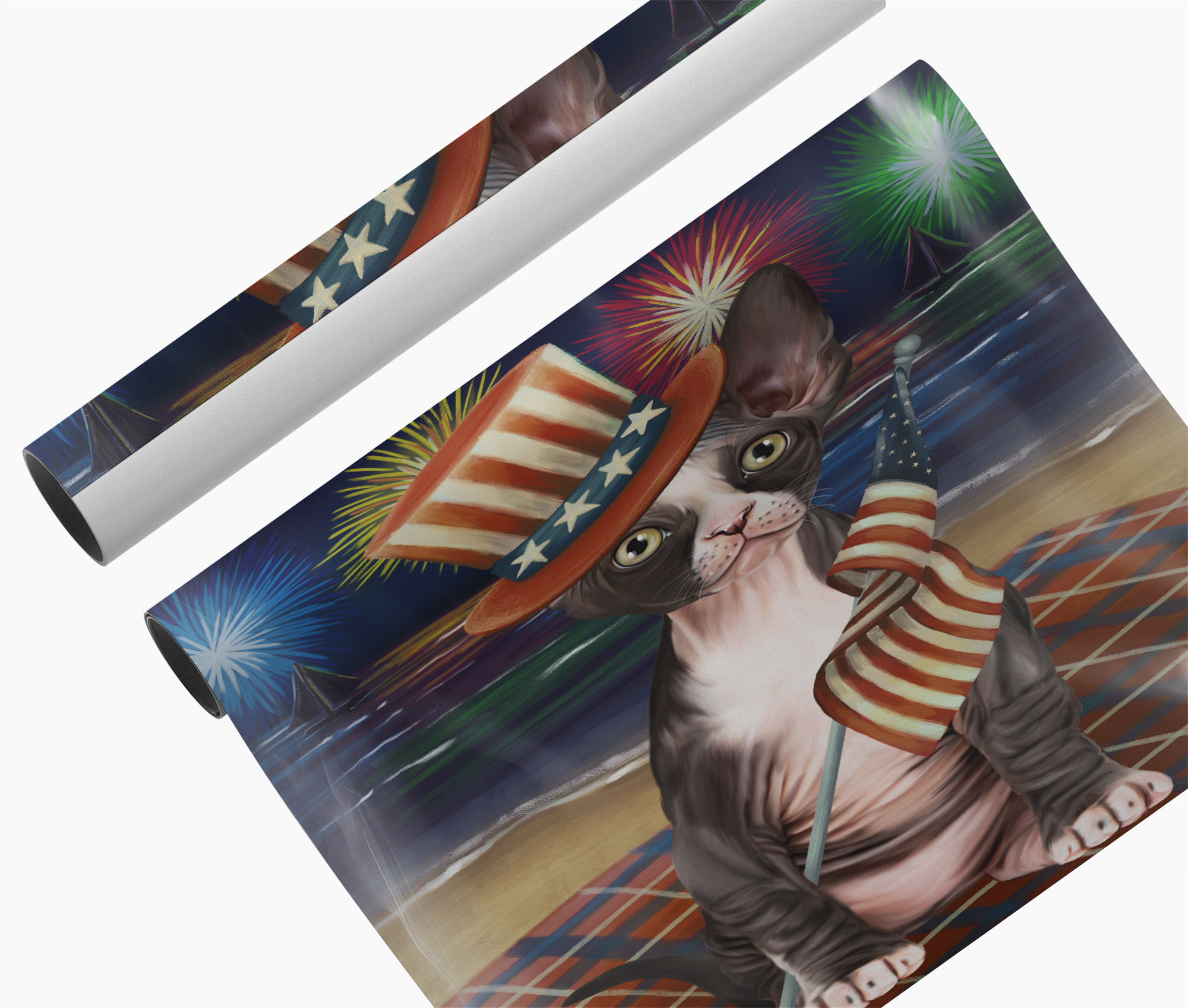 Sphynx Cat Patriotic Canvas Wall Art USA Flag Cat 4th of July Fireworks Poster