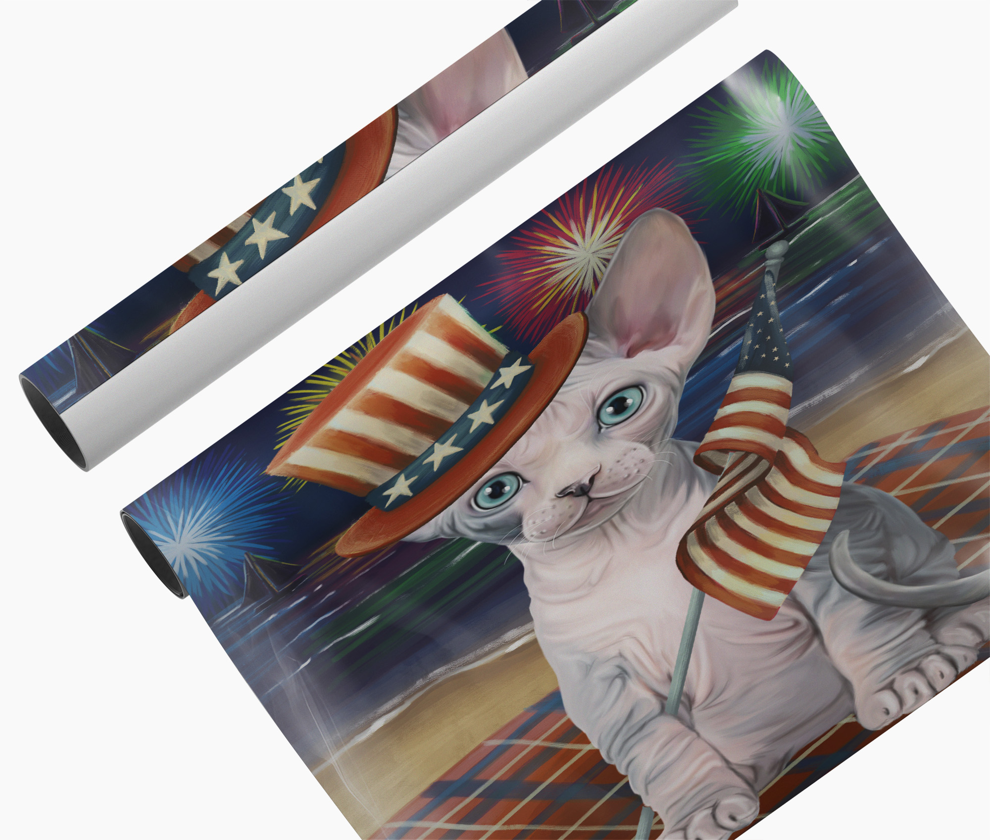 4th of July Fireworks Sphynx Cat with American Hat Canvas Wall Art Home Décor