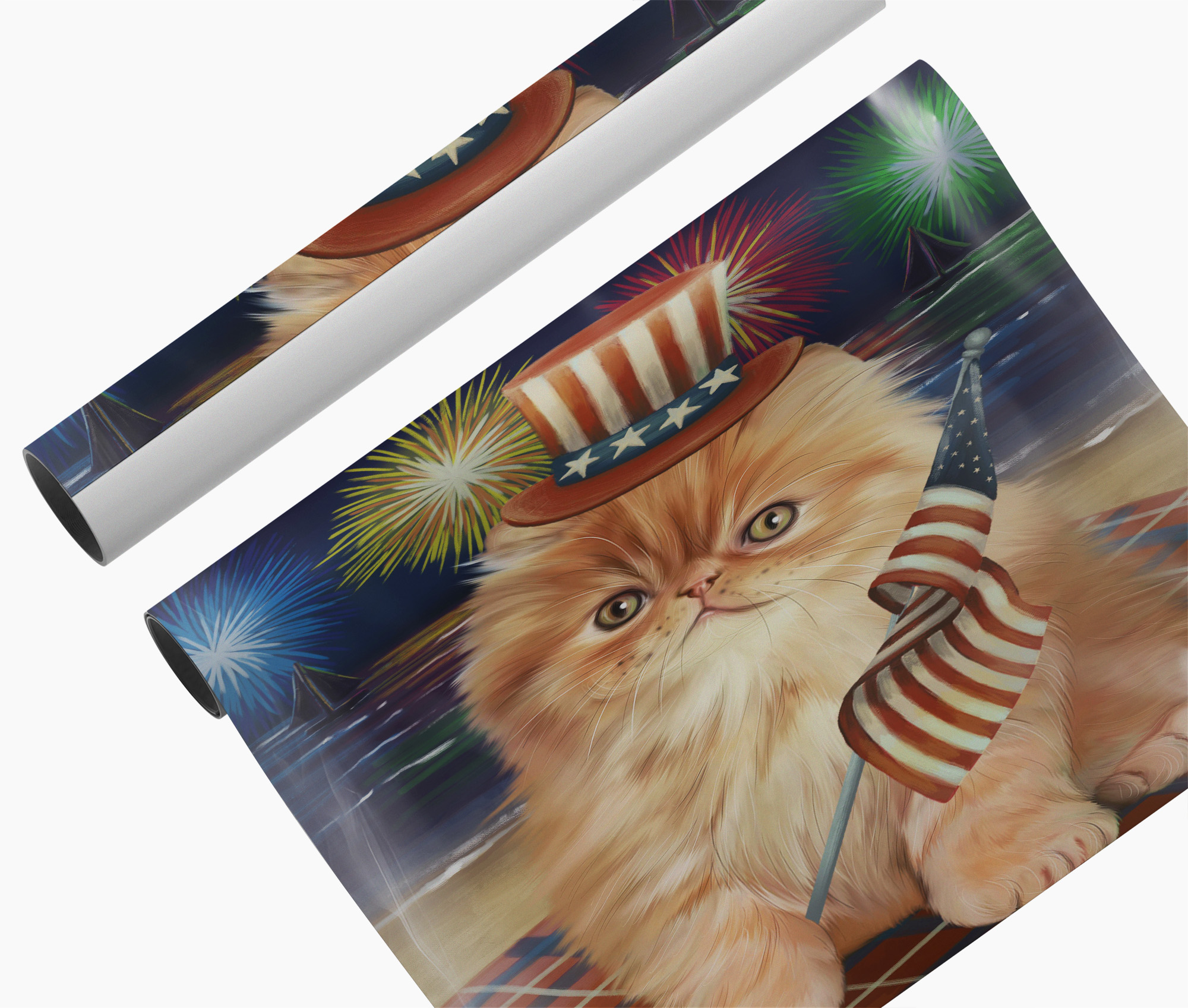 Persian Cat Patriotic Canvas Wall Art USA Flag Cat 4th of July Fireworks Poster