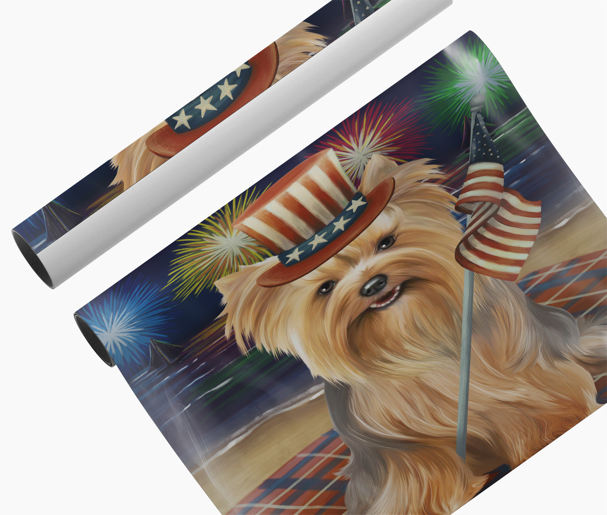 4th of July Fireworks Yorkshire Terrier Dog with American Hat Canvas Wall Art