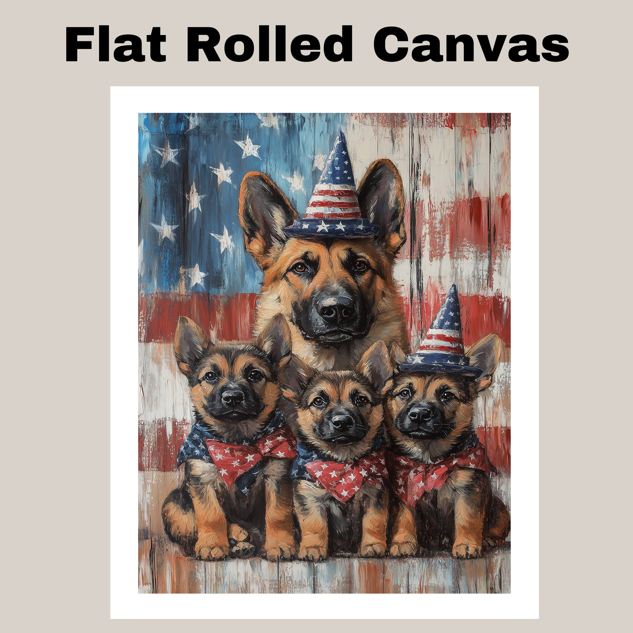 German Shepherd Family with Flag Hats Rustic Patriotic Canvas Art