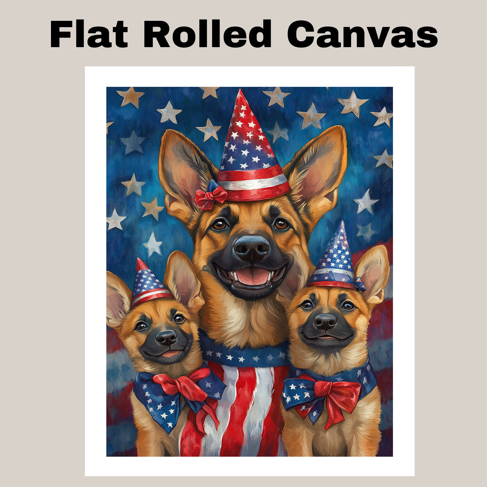 German Shepherd Puppies in Patriotic Hats and Flags Canvas Wall Art