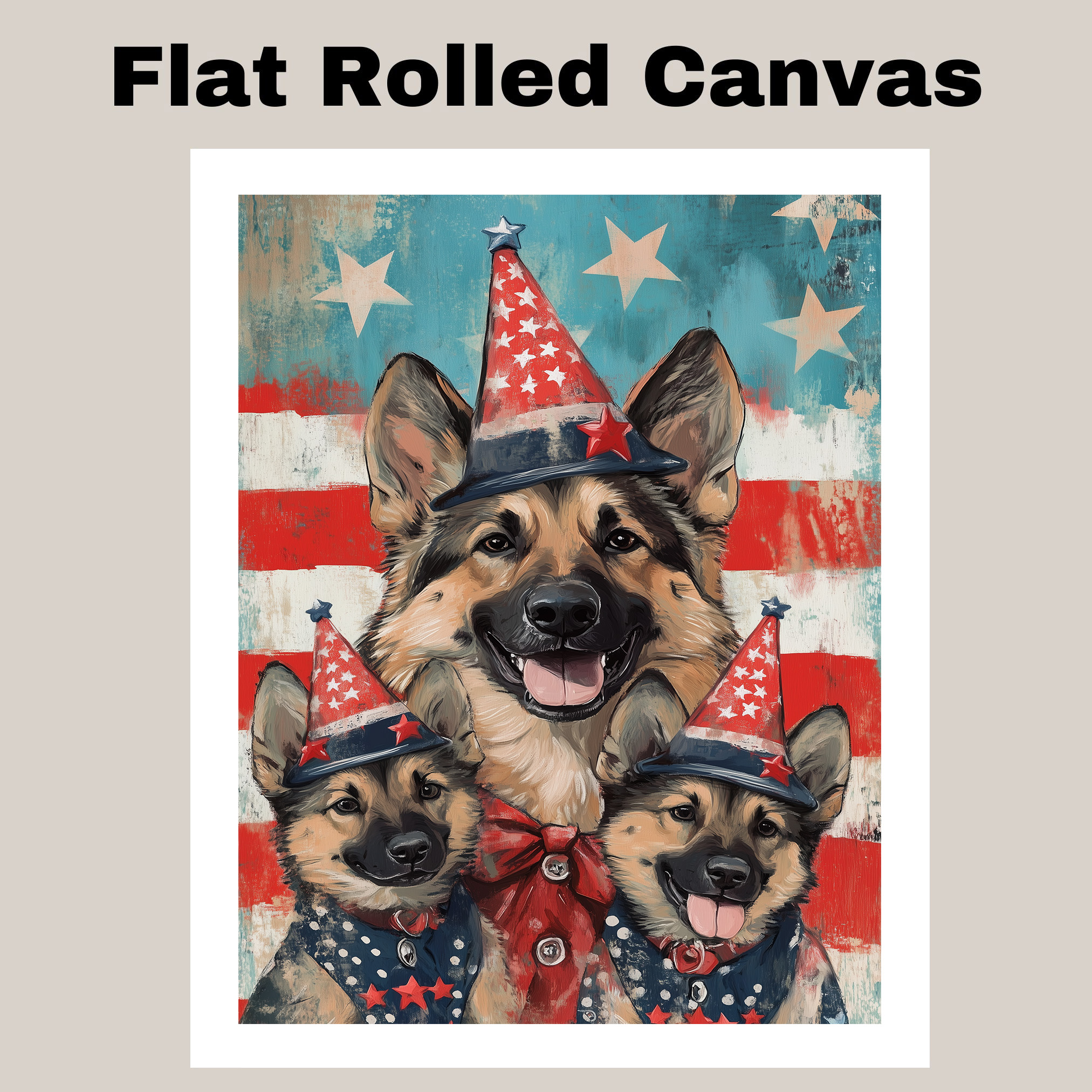 German Shepherd Family in Patriotic Floral Hats Canvas Wall Art