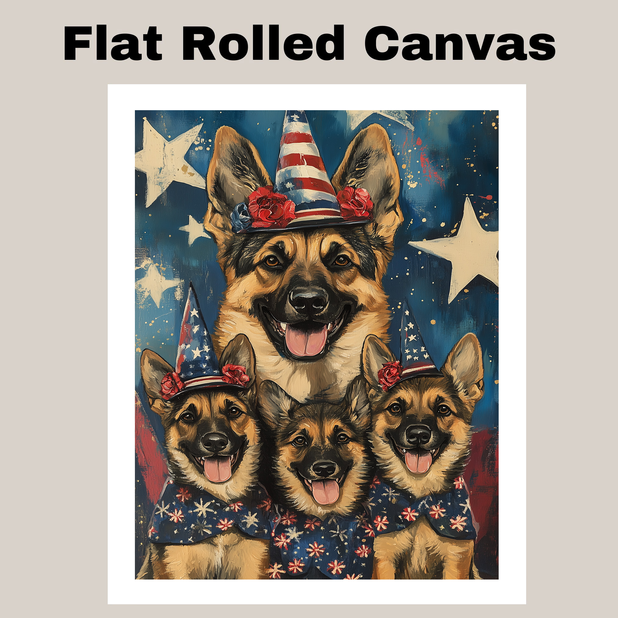 Patriotic German Shepherd Family with Stars Canvas Wall Art Print