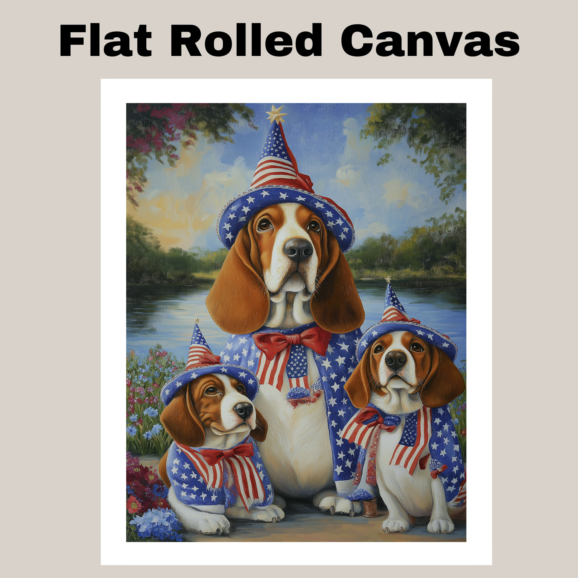 Patriotic Basset Hound Dog Family by Lake Canvas Wall Art Print