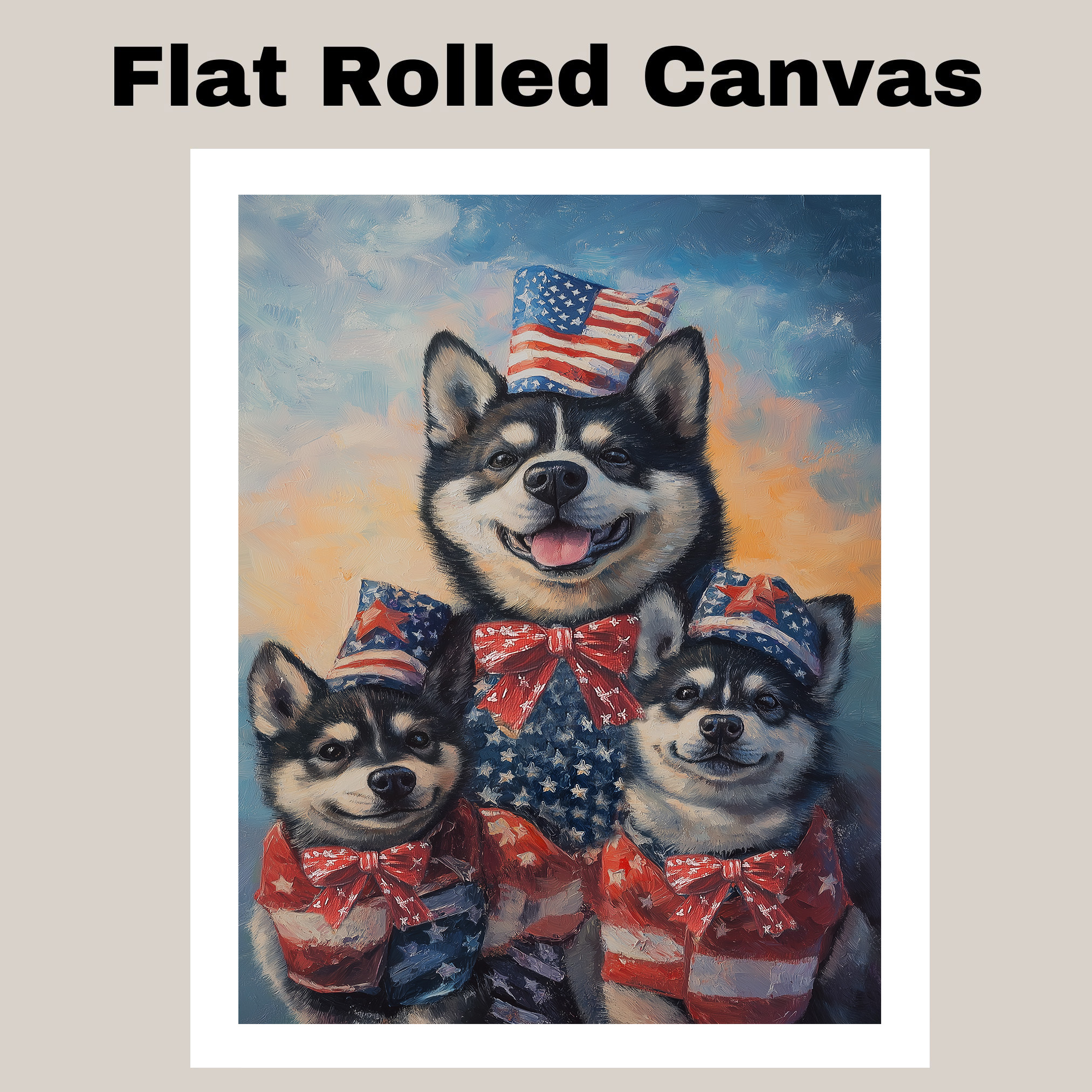 Akita Dog Family in Patriotic Hats Sunset Canvas Wall Art Print