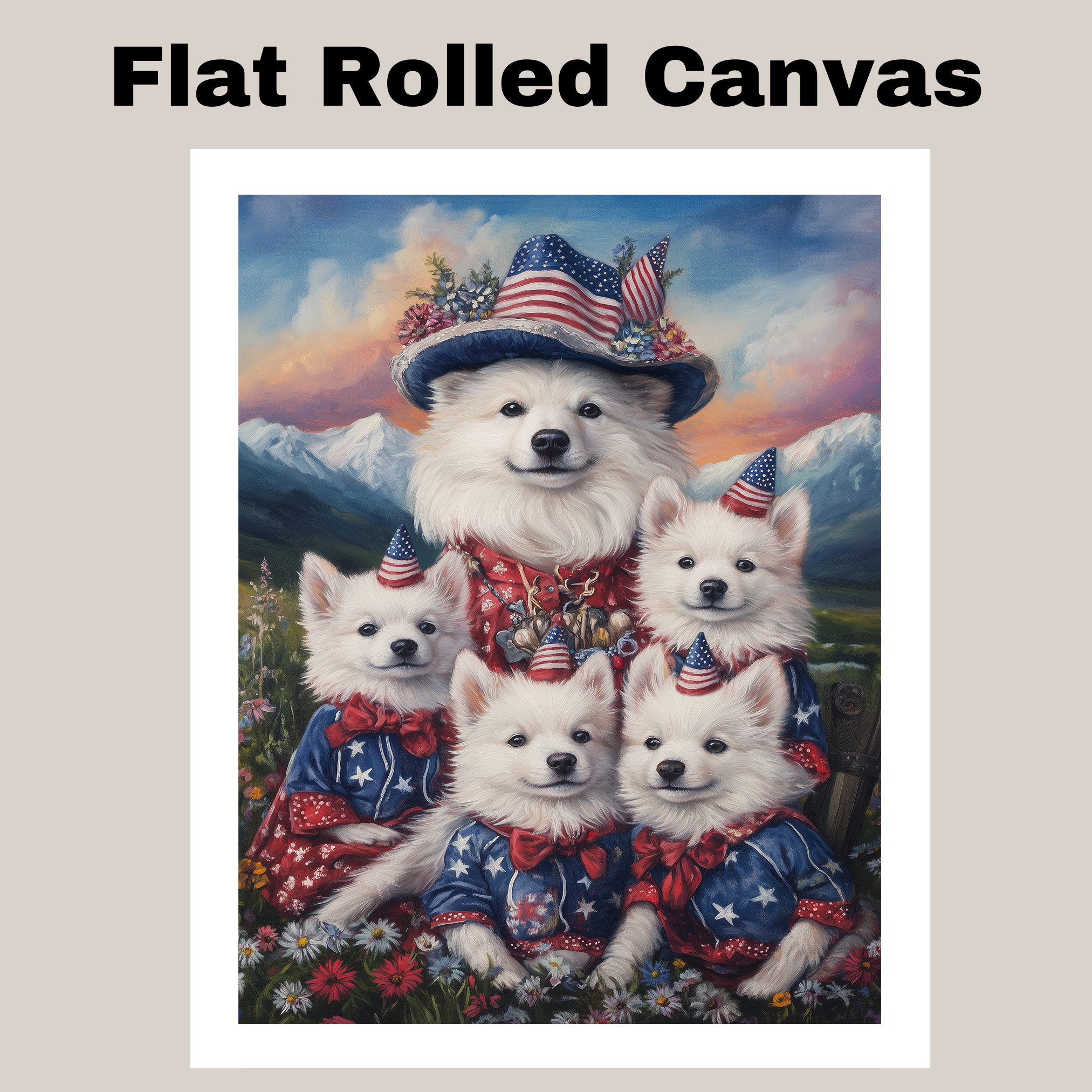 Patriotic American Eskimo Dog Family in Mountains Canvas Wall Art