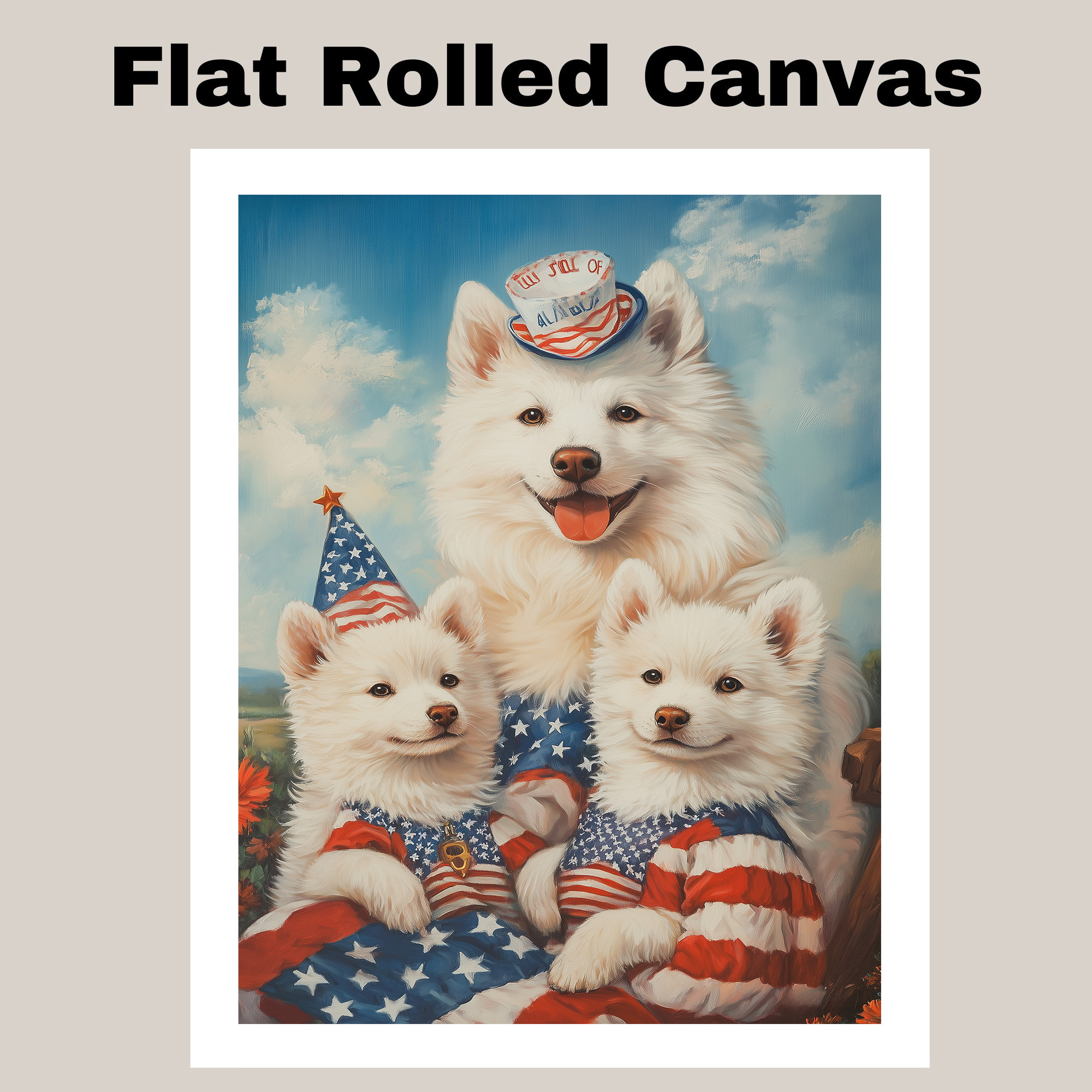 American Eskimo Dog Family in Patriotic Outfits Canvas Wall Art