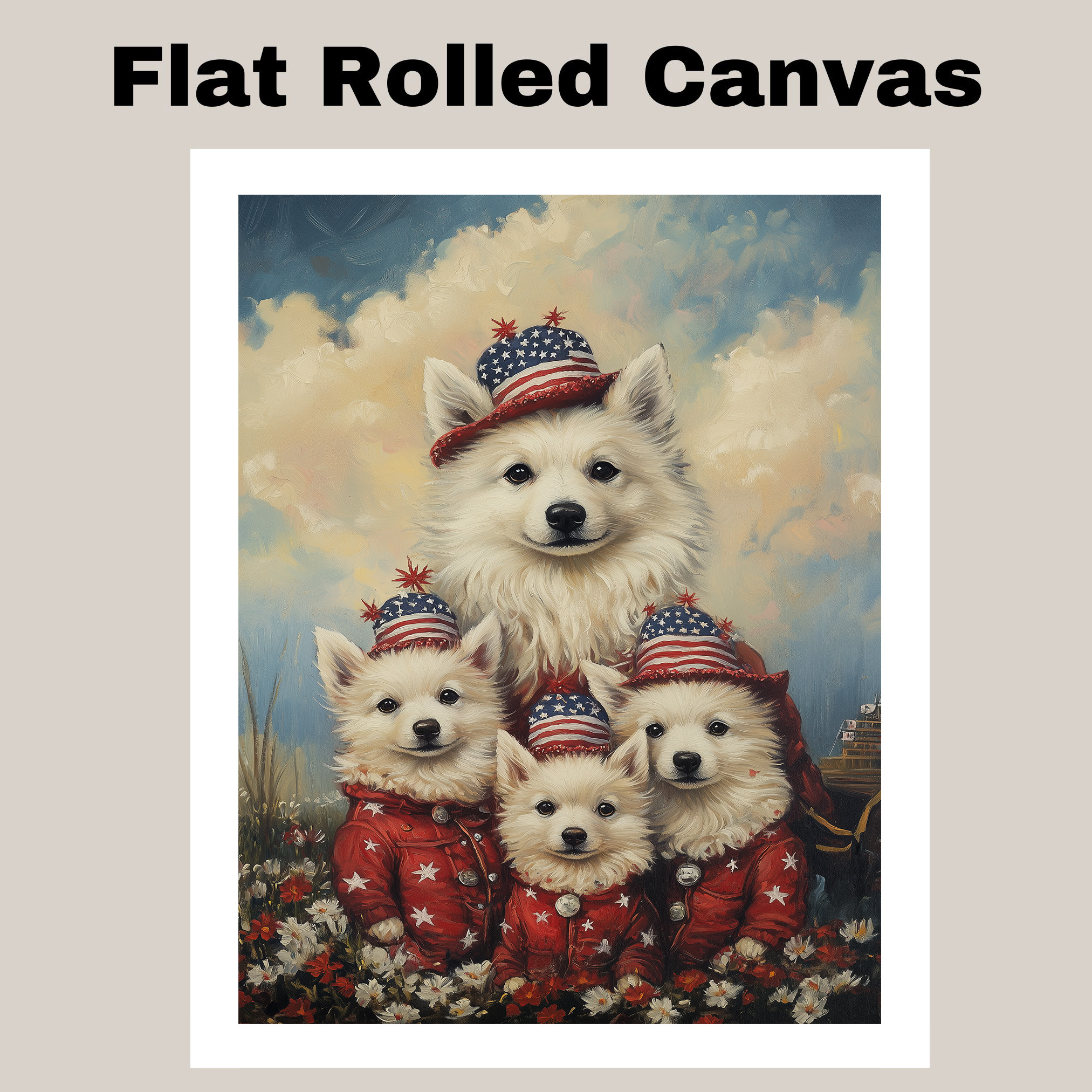 American Eskimo Dog Family in Red Star Outfits Canvas Wall Art