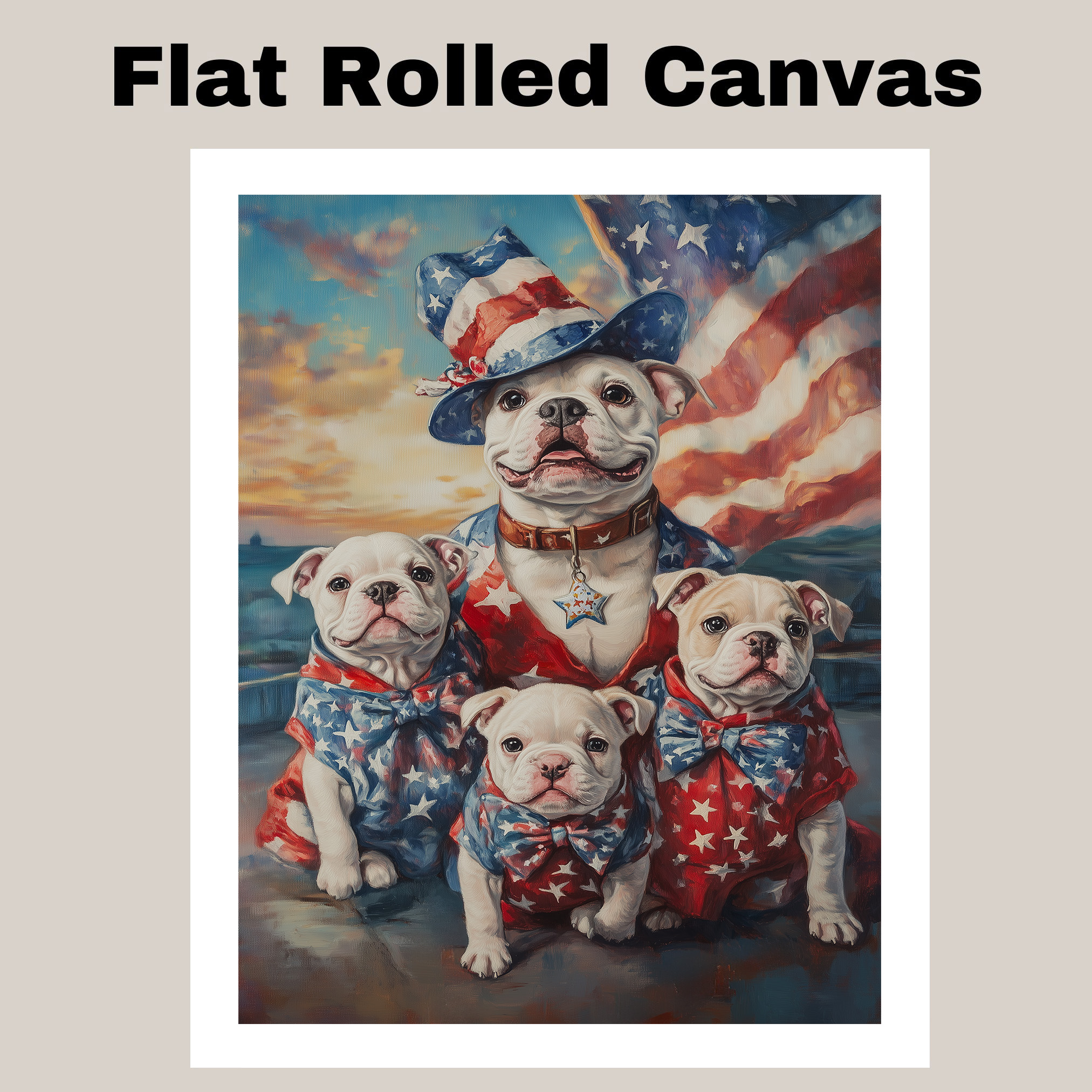 American Bulldog Family Patriotic Sunset Flag Canvas Wall Art