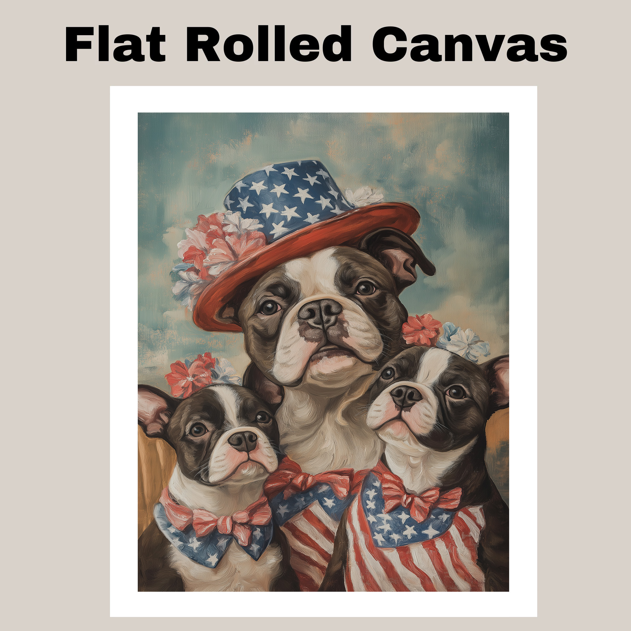 American Bulldog Family in Patriotic Outfits and Floral Hats Wall Art