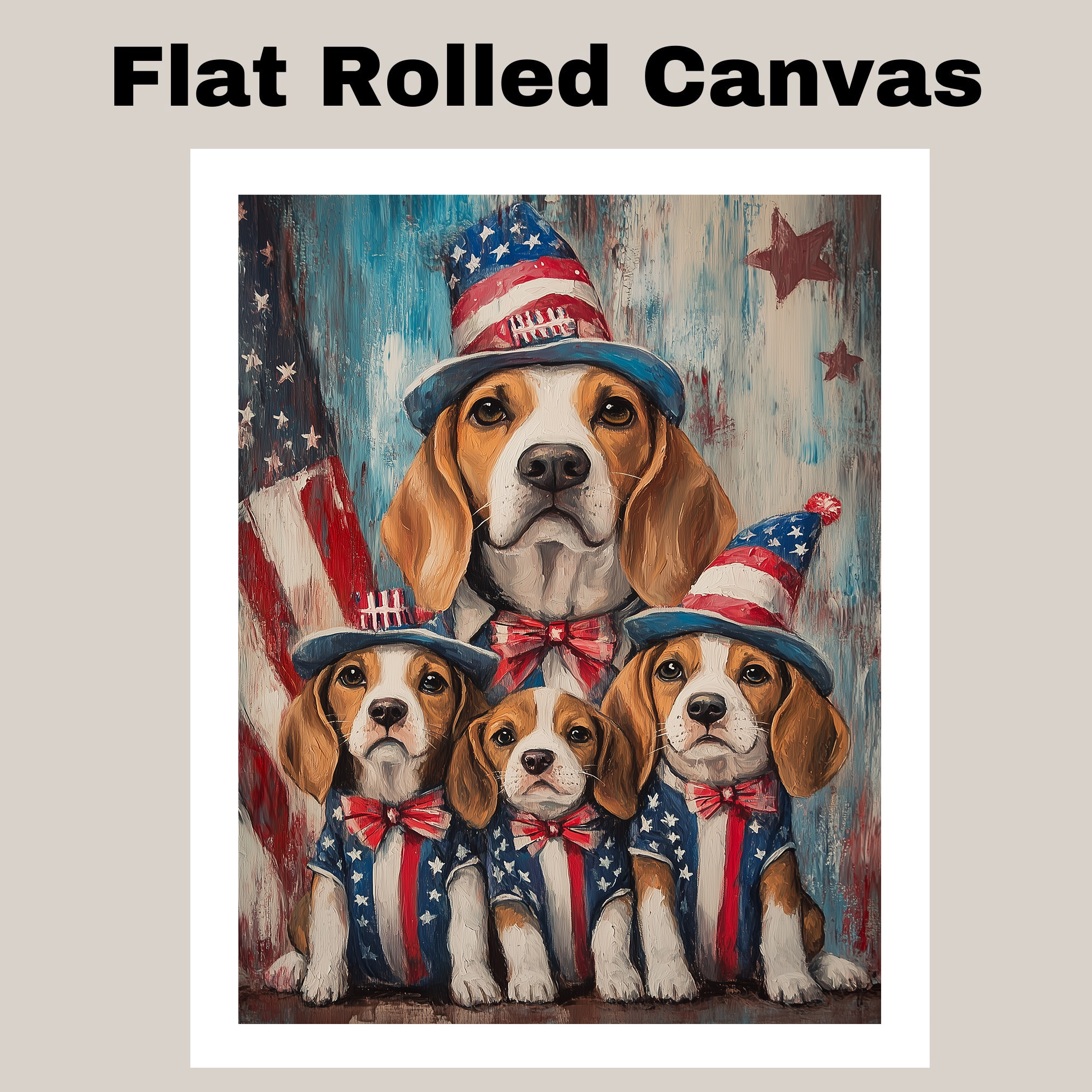 Beagle Mom and Puppies in Patriotic Hats Wall Art Print July 4th