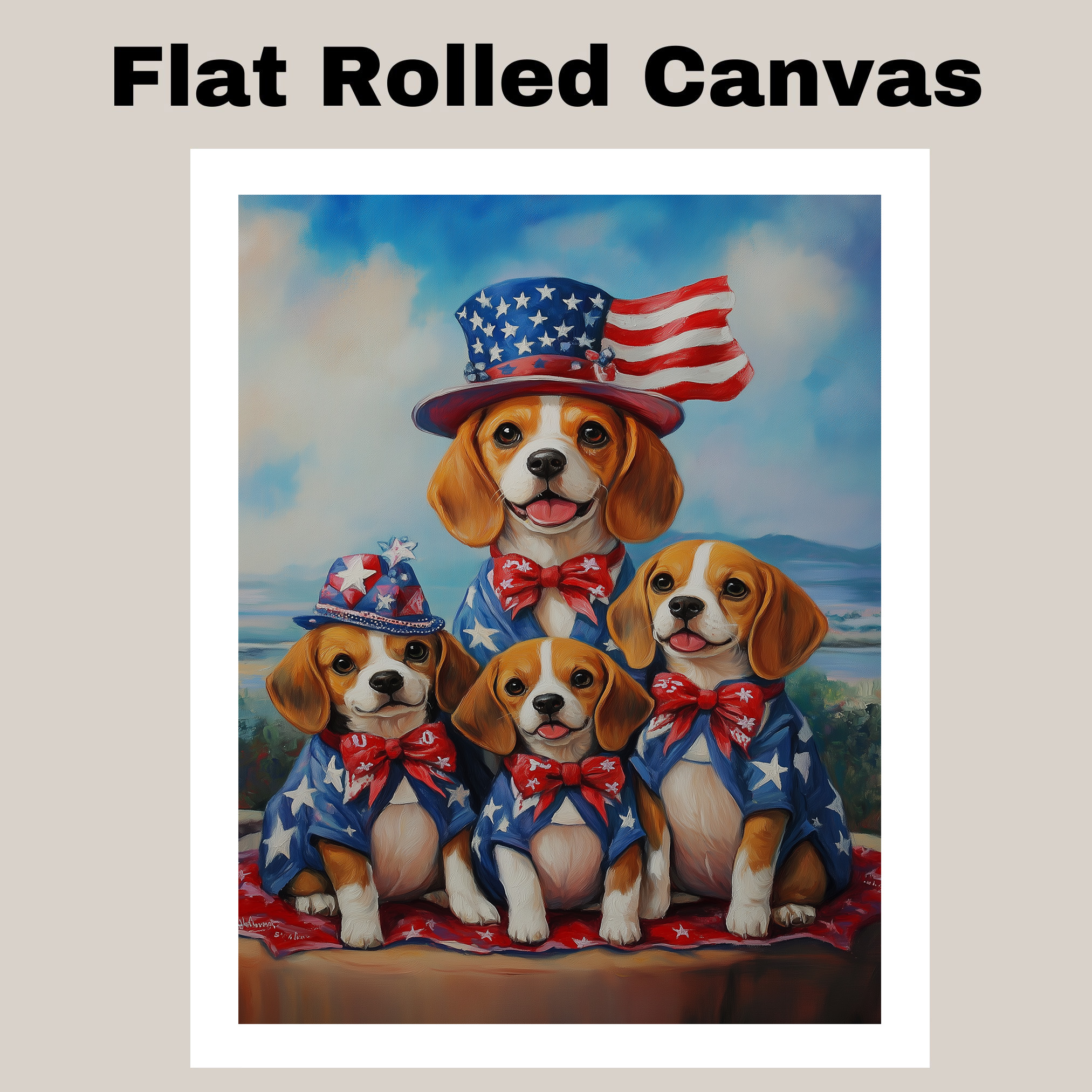 Beagle Mom and Pups in Patriotic Outfits Rustic July 4th Artwork