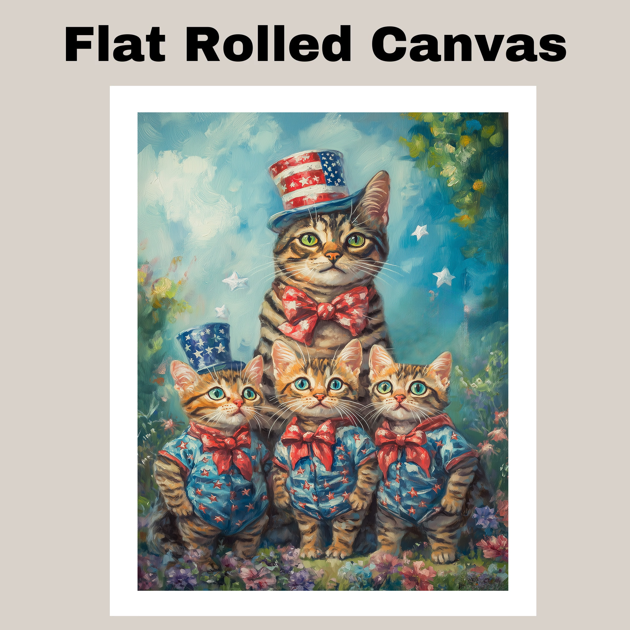 Patriotic Bengal Cat Family Canvas Wall Art with Kittens in Top Hats