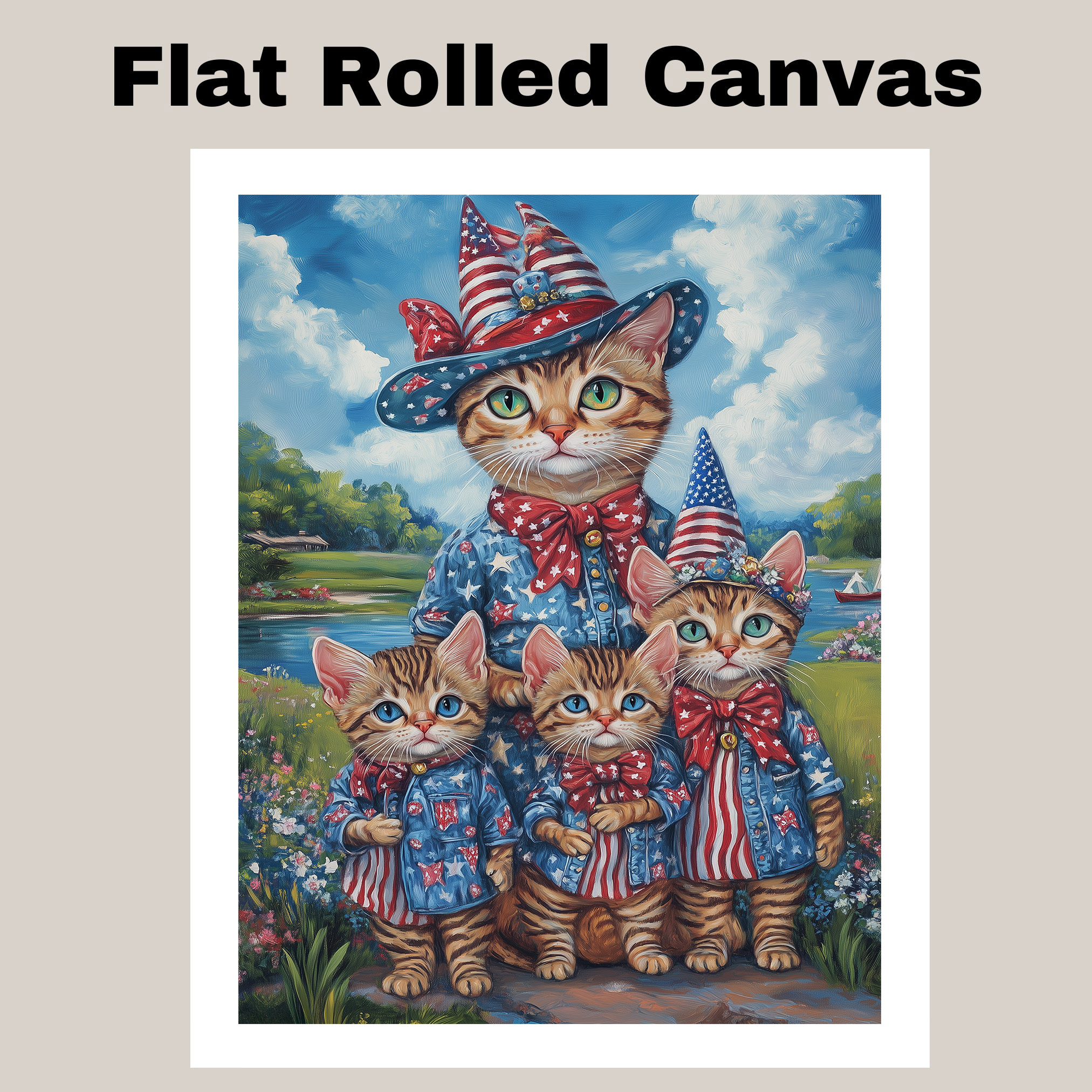 Americana Bengal Cat Family Canvas Wall Art with Kittens and Lake