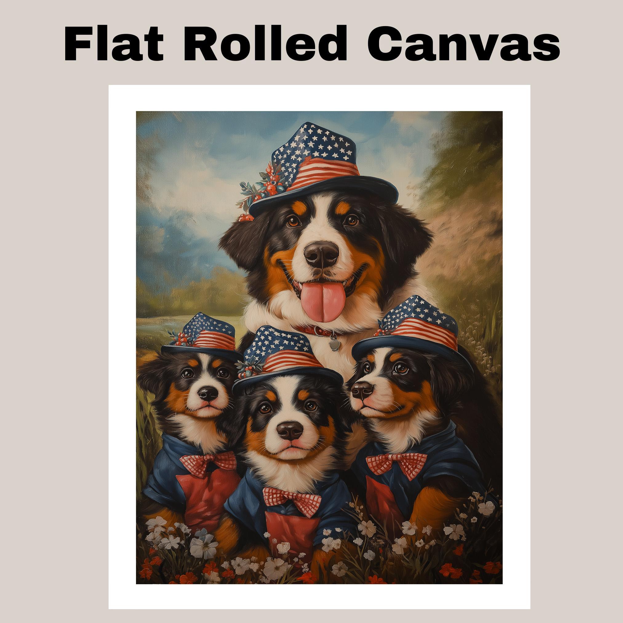Patriotic Bernese Mountain Dog Canvas Wall Art with Puppies