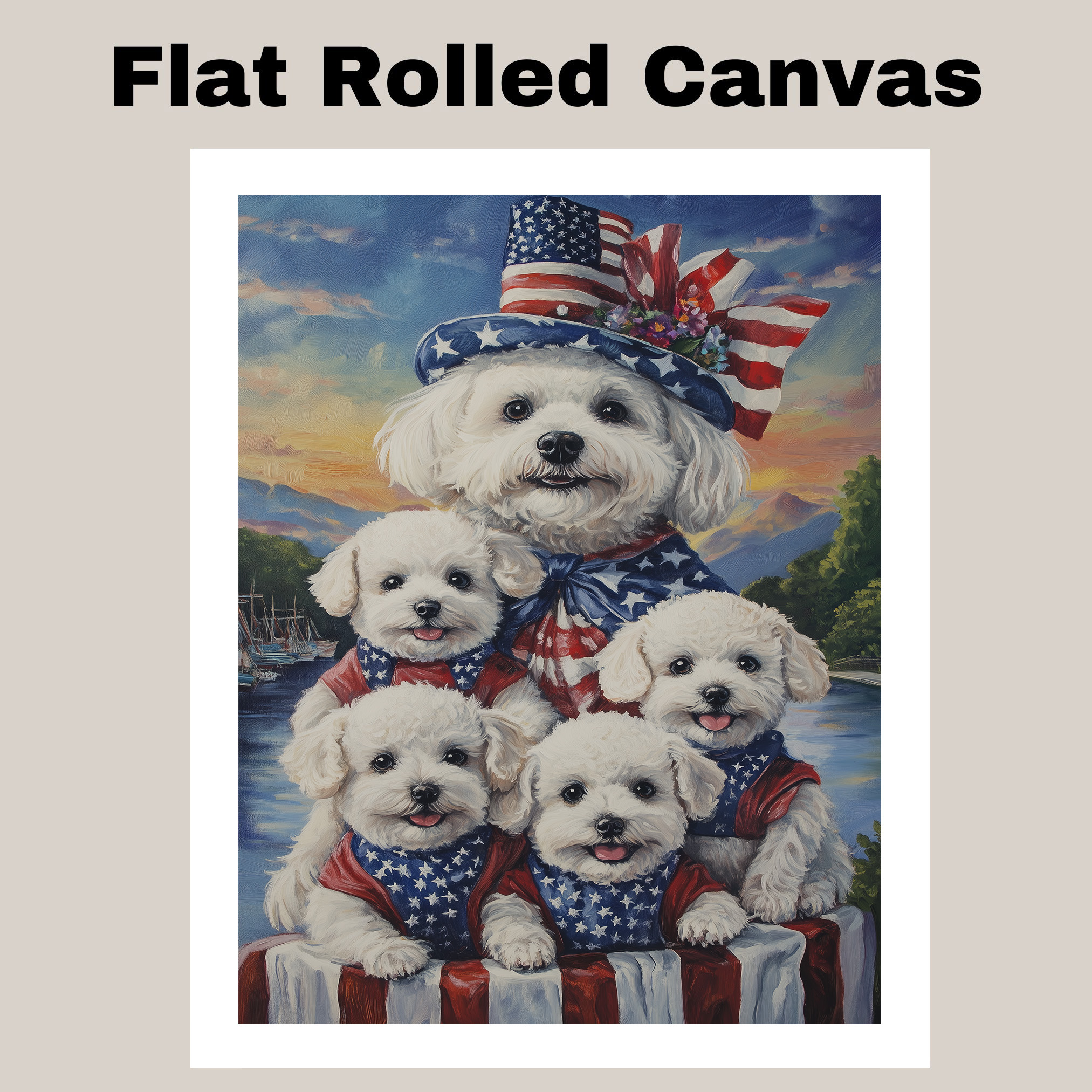 Patriotic Bichon Frise Dog Family Canvas Wall Art with Lake Sunset