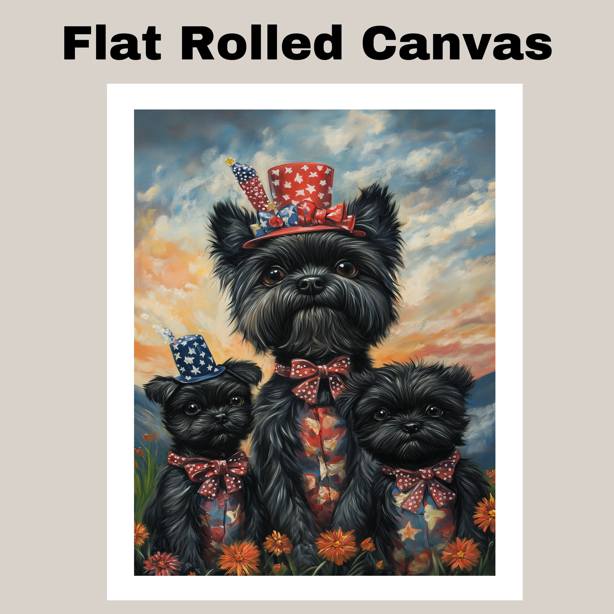 Patriotic Affenpinscher Dog Family Canvas Wall Art with Sunset Sky