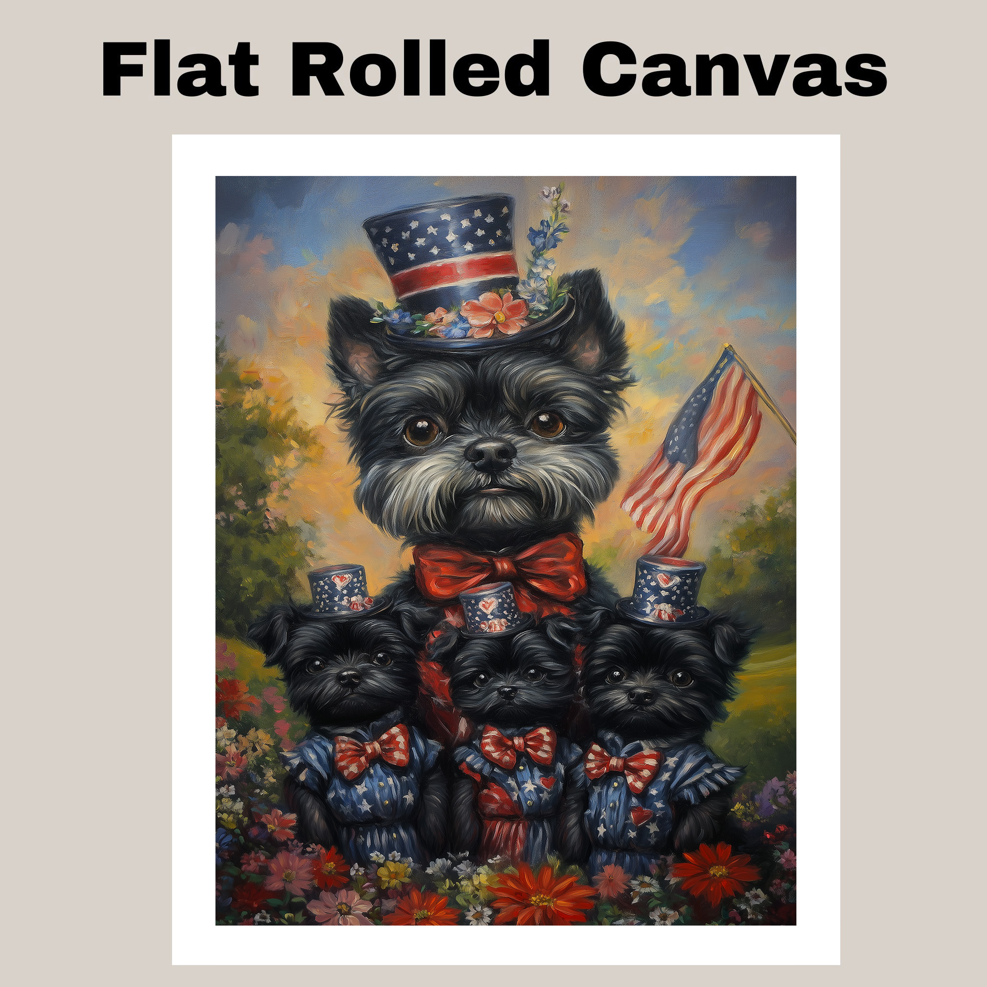 Patriotic Affenpinscher Dog Family Canvas Wall Art with Flowers and Flag