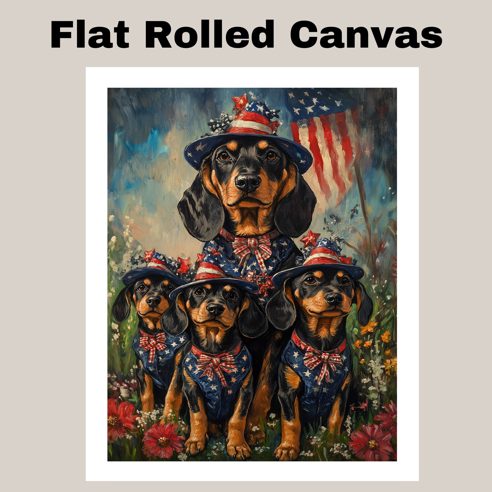 Black and Tan Coonhound Patriotic Canvas Wall Art with American Flag