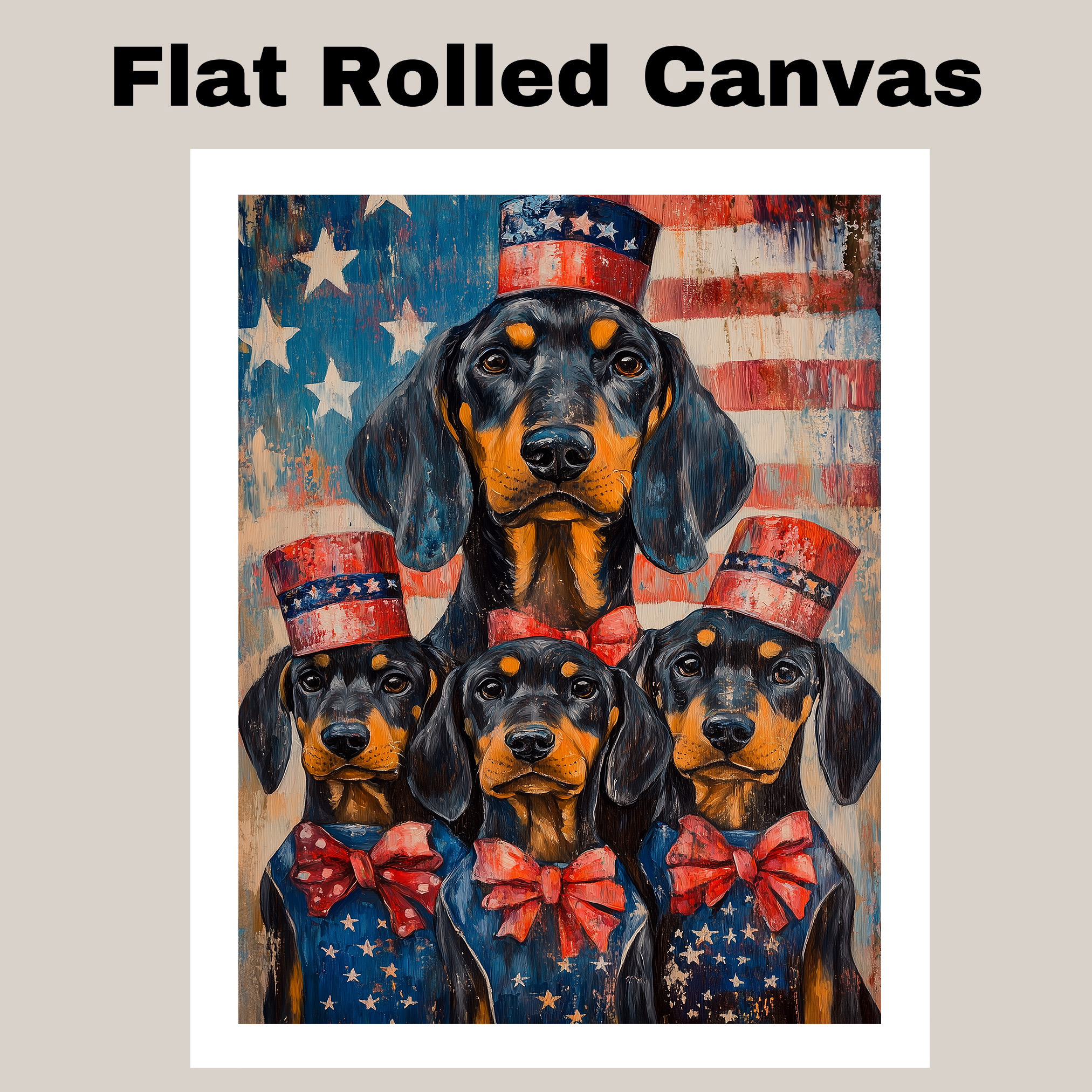 Patriotic Coonhound Dog Family Canvas Wall Art with Flag and Stars