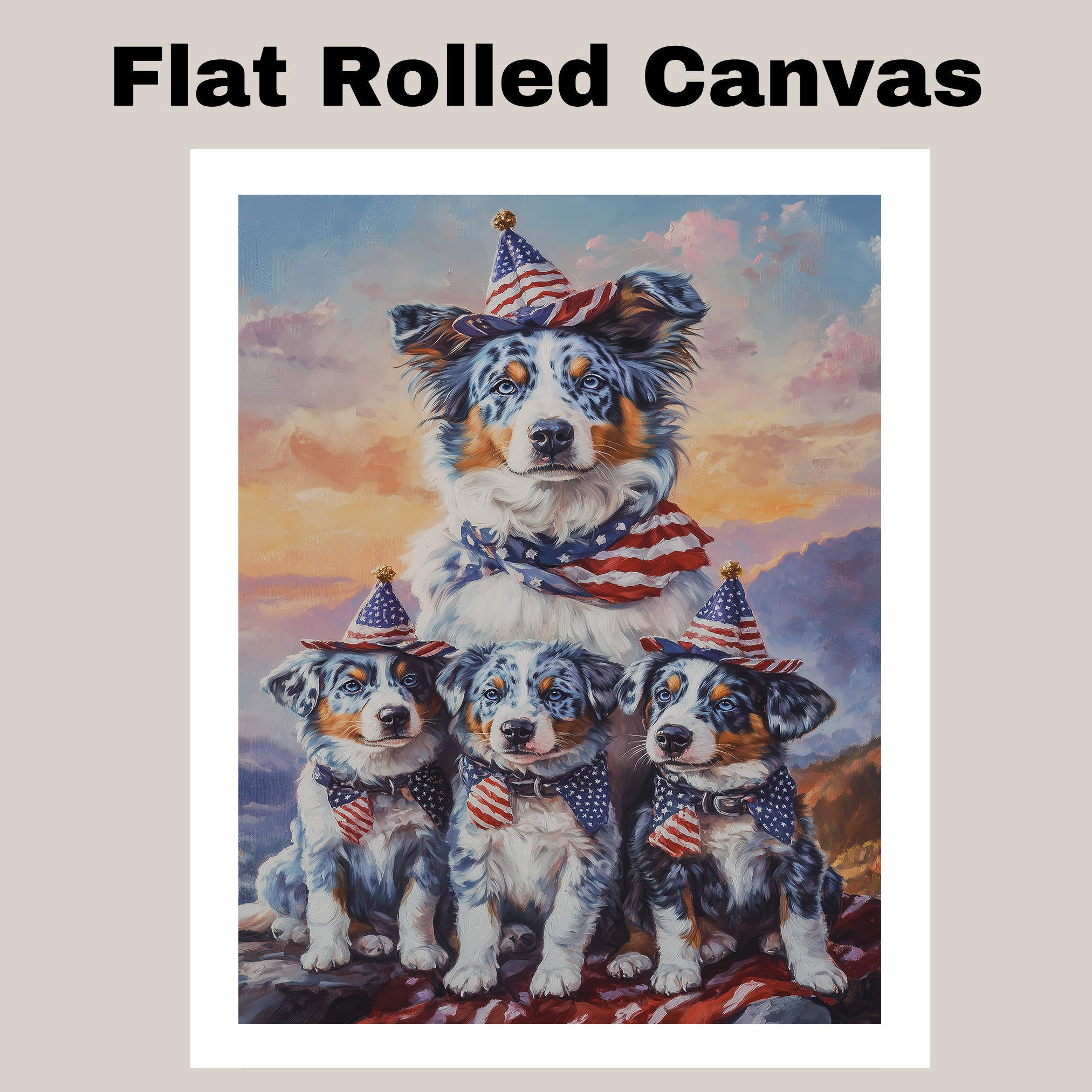 Blue Merle Aussie Dog Family Patriotic American Flag Canvas Wall Art