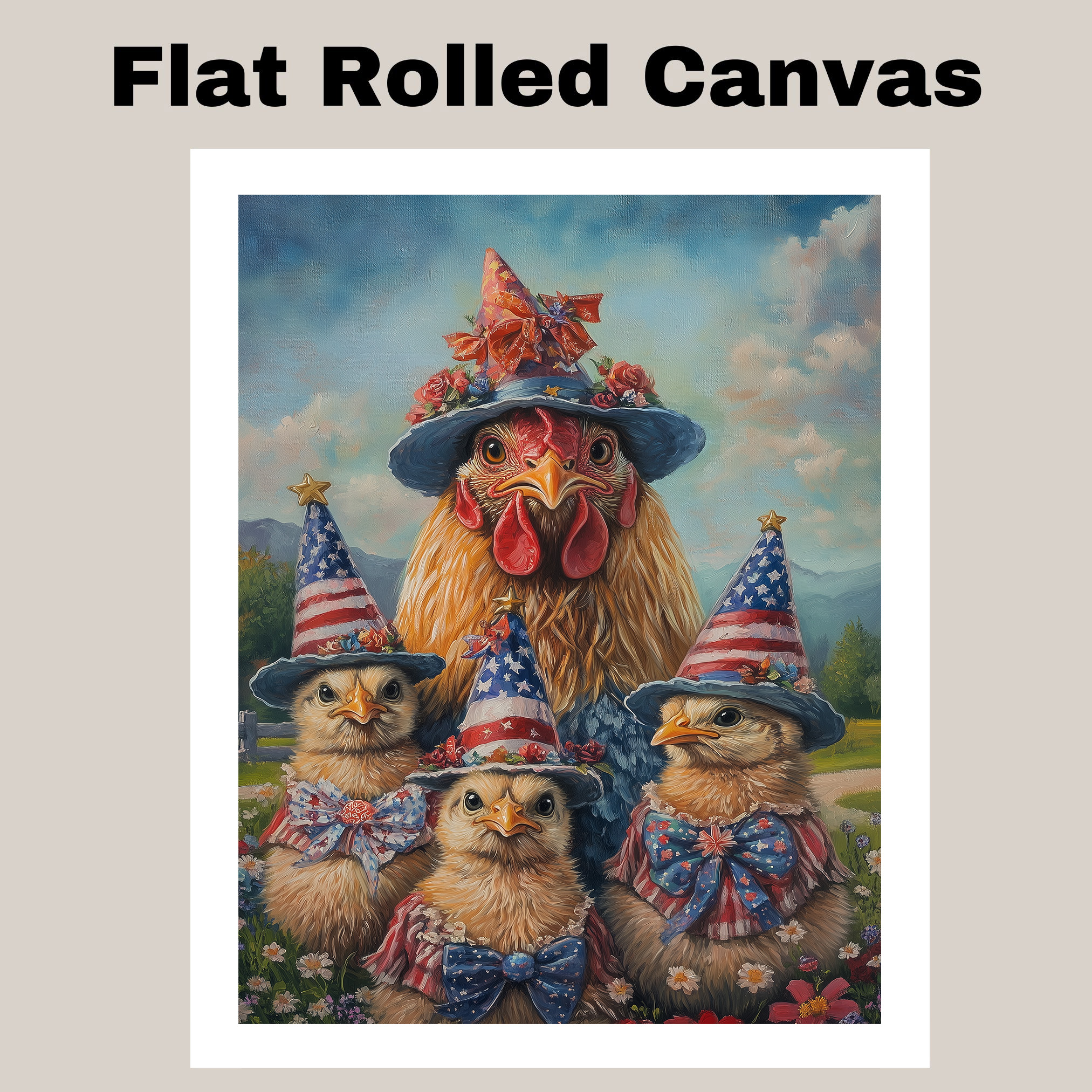 Patriotic Mother Hen and Baby Chicks Americana Farm Animal Painting